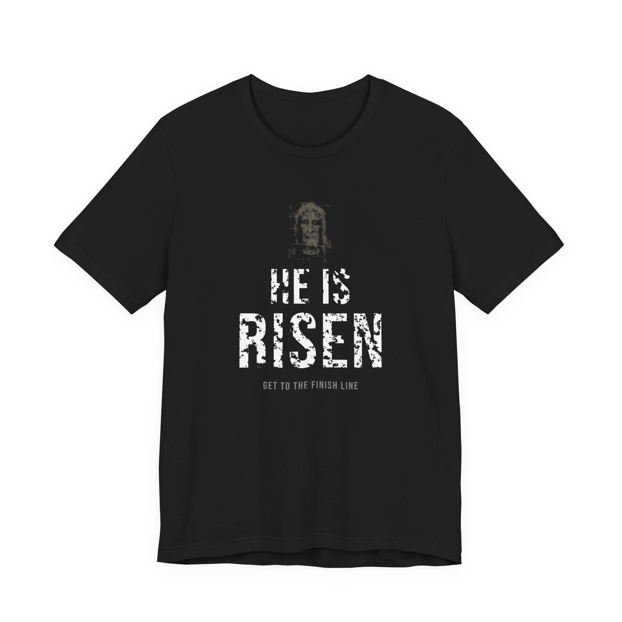 He Is Risen Tee — White — christian resurrection graphic tee by Get To The Finish Line