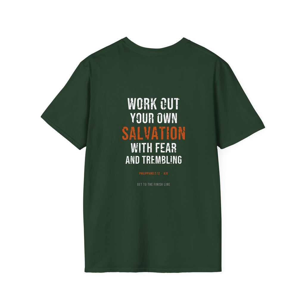 Work Out Your Own Salvation Tee — Philippians 2:12 KJV — KJV Bible verse graphic tee by Get To The Finish Line (view 19)