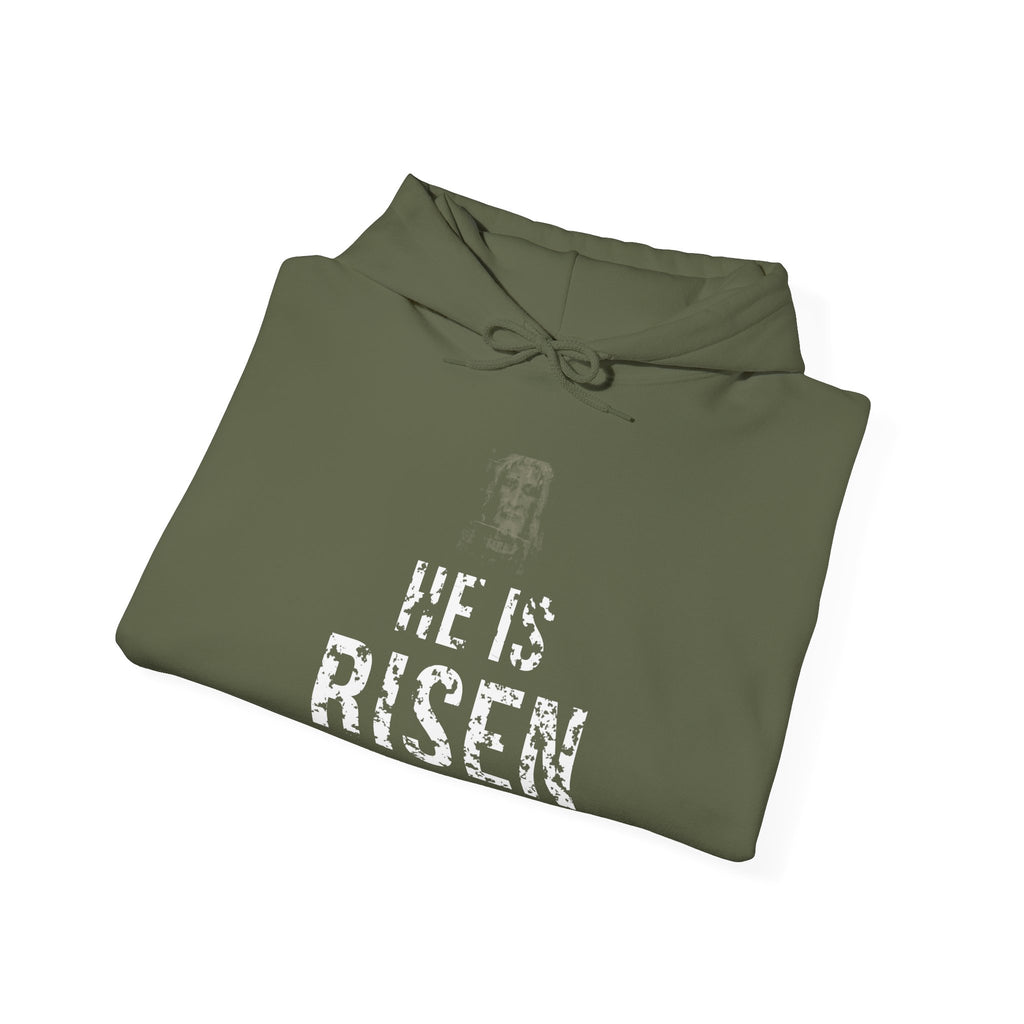 He Is Risen Hoodie — White — christian resurrection graphic hoodie by Get To The Finish Line (view 10)