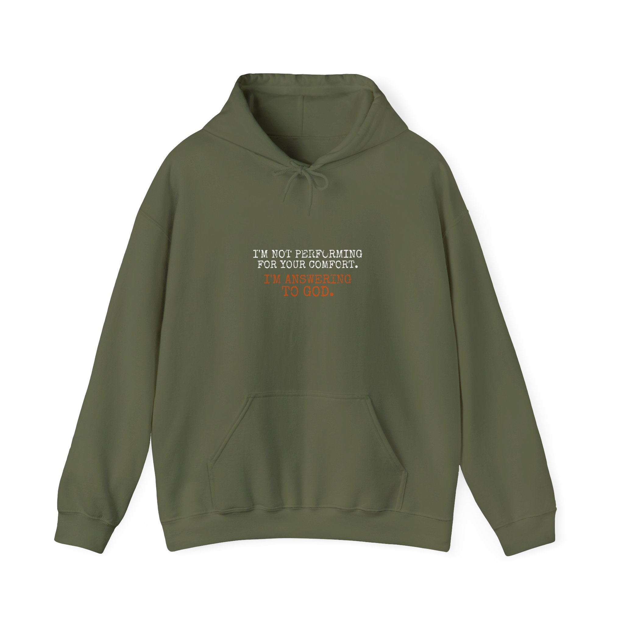 Answering To God Hoodie — White/Orange — bold christian statement graphic hoodie by Get To The Finish Line (view 2)