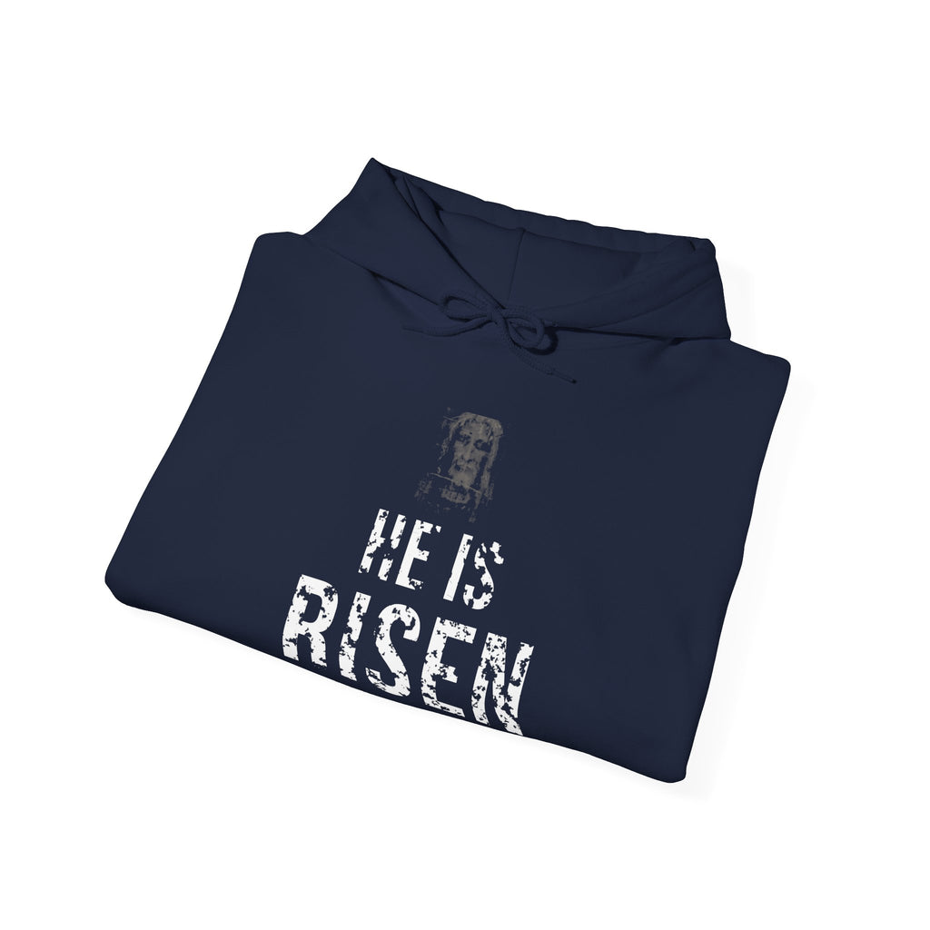 He Is Risen Hoodie — White — christian resurrection graphic hoodie by Get To The Finish Line (view 16)