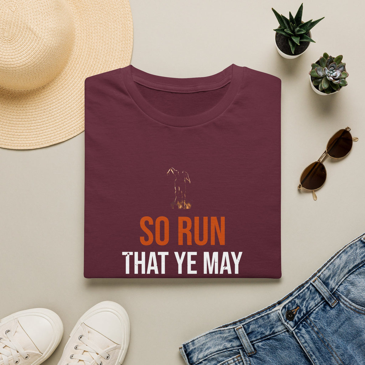 So Run That Ye May Obtain Tee — 1 Corinthians 9:24 KJV — KJV Bible verse graphic tee by Get To The Finish Line (view 2)