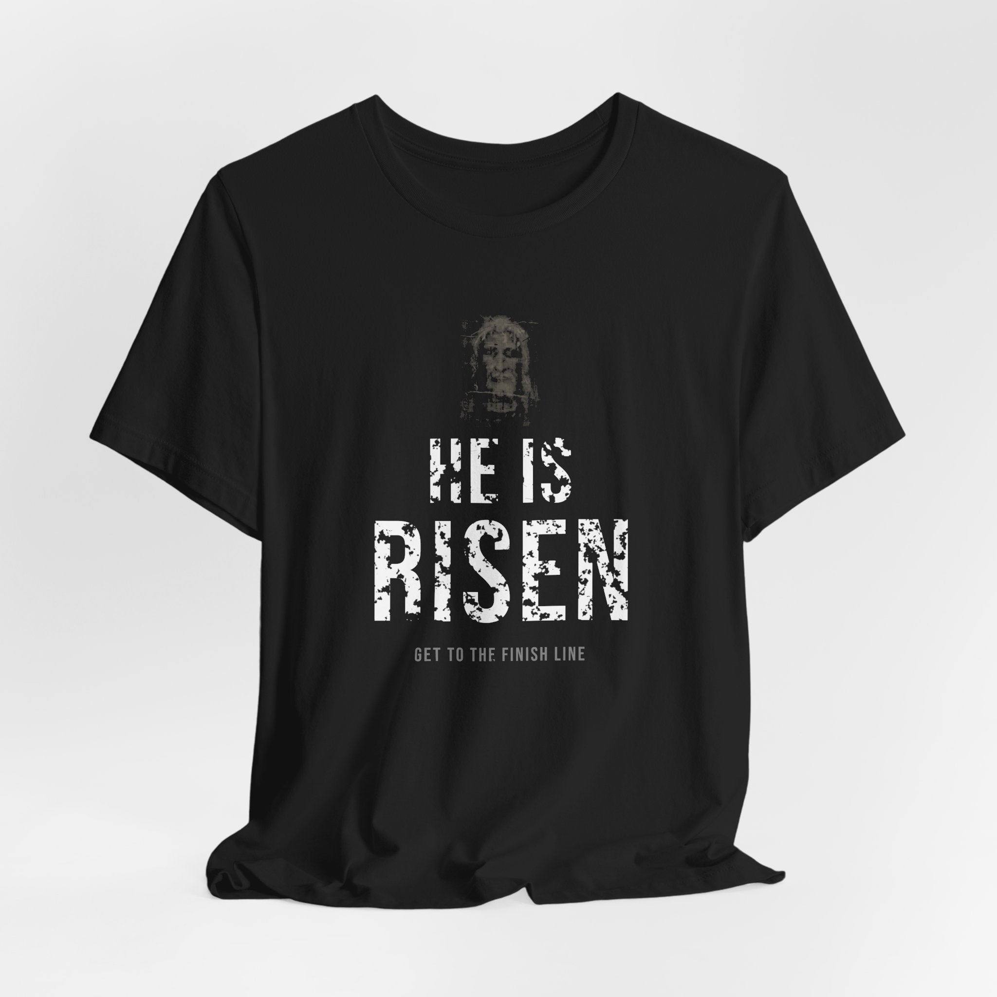 He Is Risen Tee — White — christian resurrection graphic tee by Get To The Finish Line (view 7)
