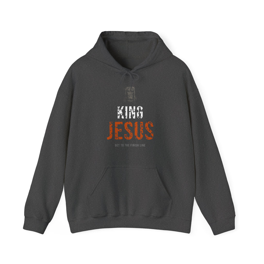 King Jesus Hoodie — White/Orange — christian graphic hoodie by Get To The Finish Line (view 3)