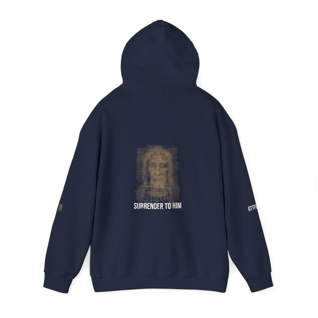 Surrender To Him Hoodie — Shroud, White Text — motivational graphic hoodie by Get To The Finish Line (view 11)