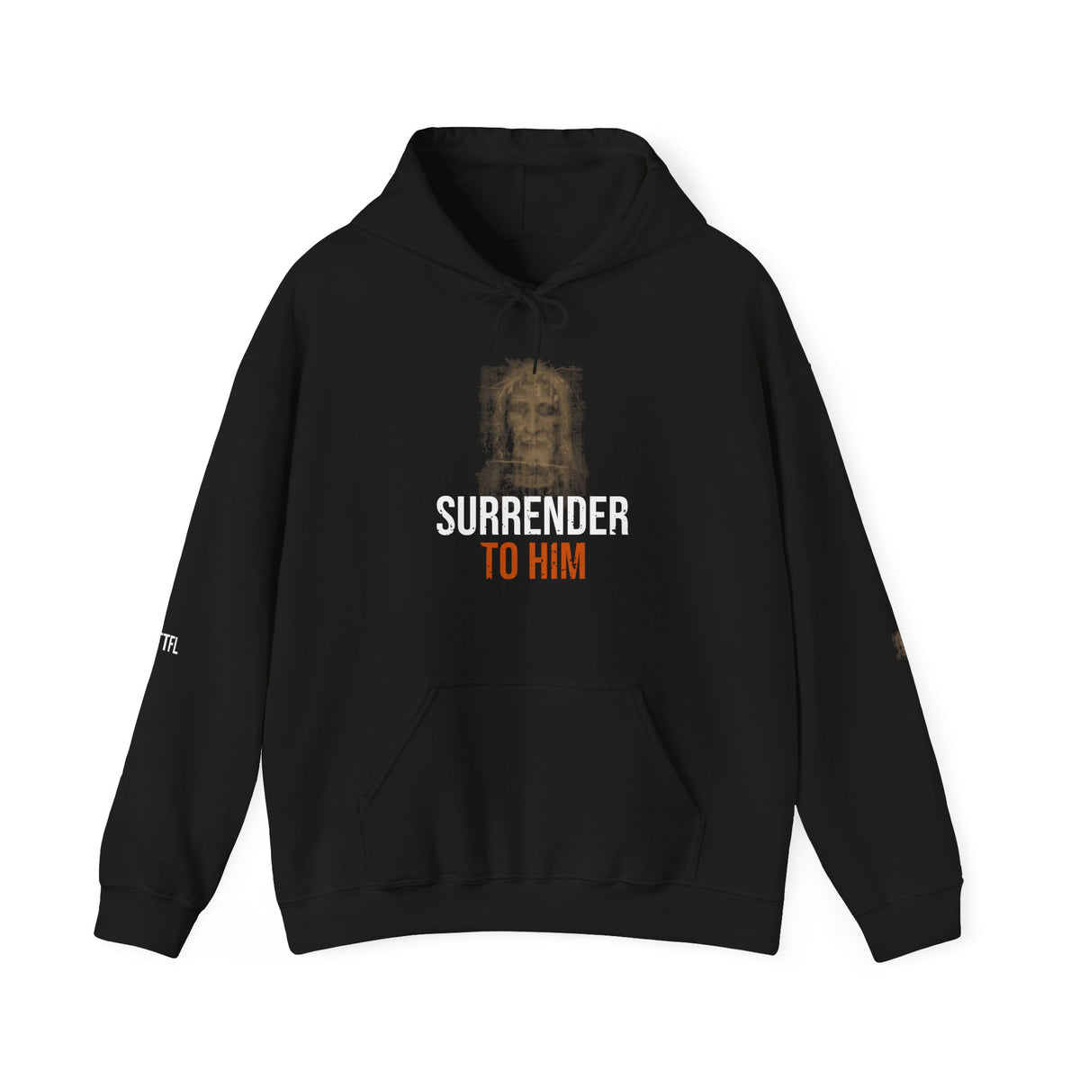 Surrender To Him Hoodie — Shroud, White Text — motivational graphic hoodie by Get To The Finish Line