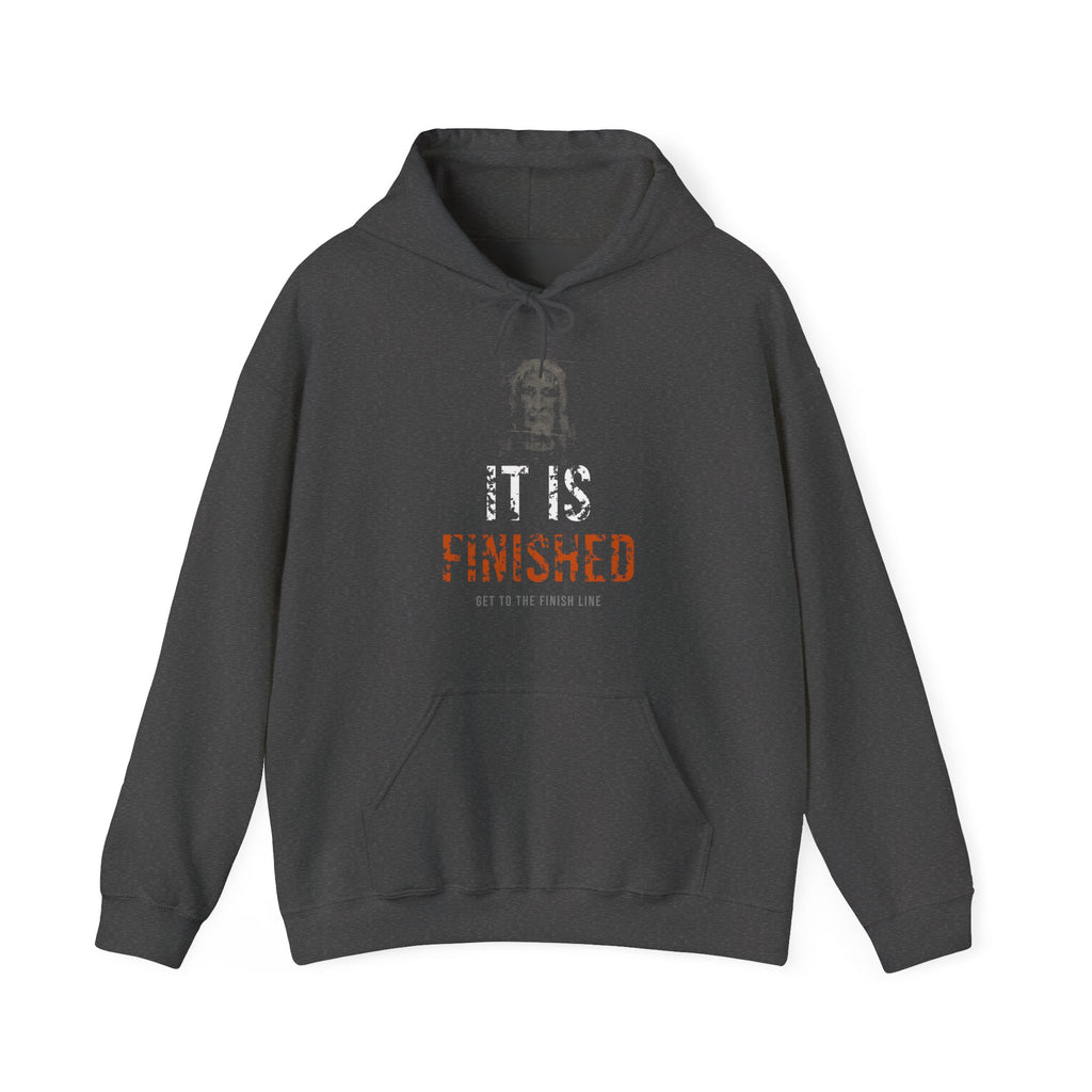 It Is Finished Hoodie — White/Orange — christian graphic hoodie by Get To The Finish Line (view 3)