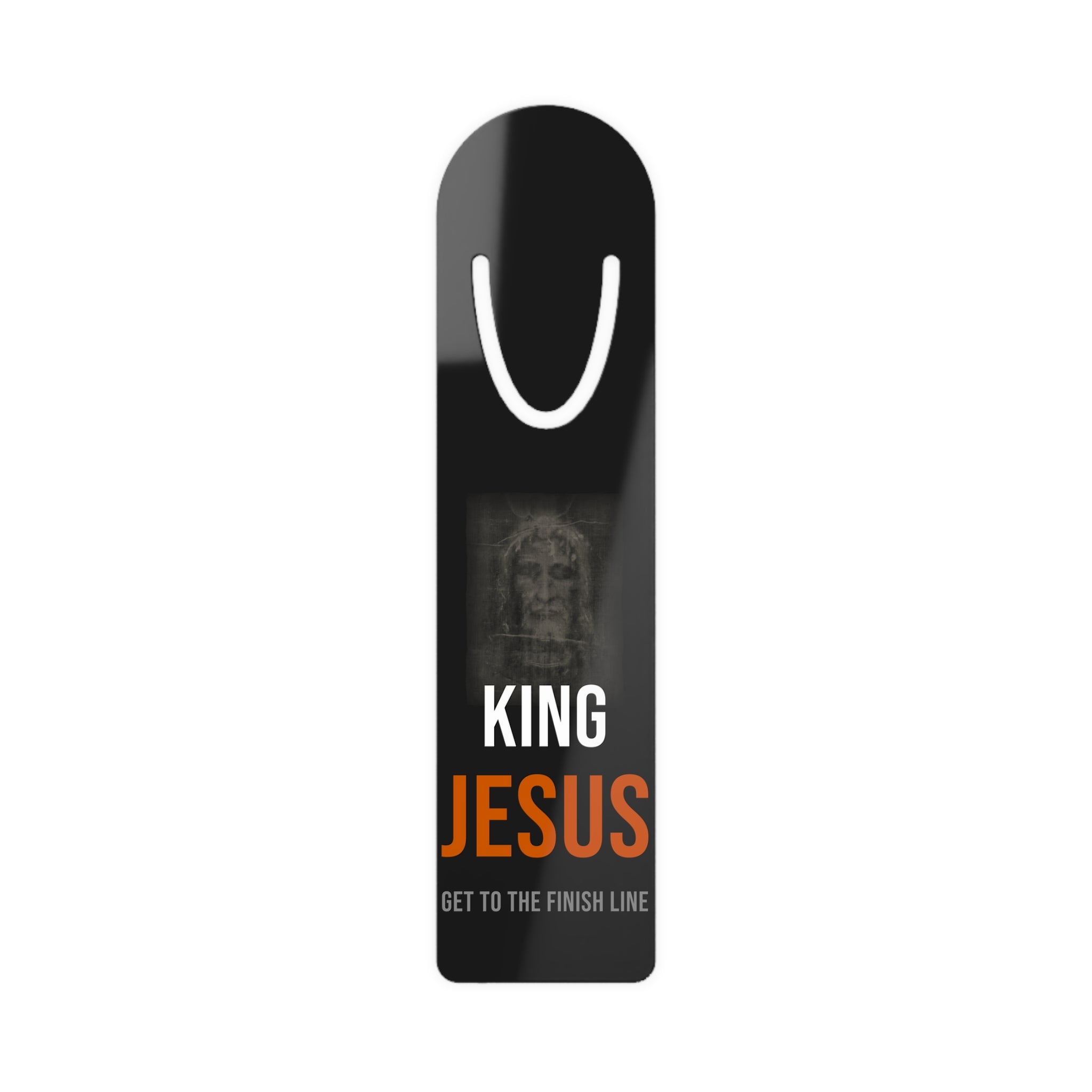 King Jesus Bookmark — White/Orange — christian metal bookmark by Get To The Finish Line