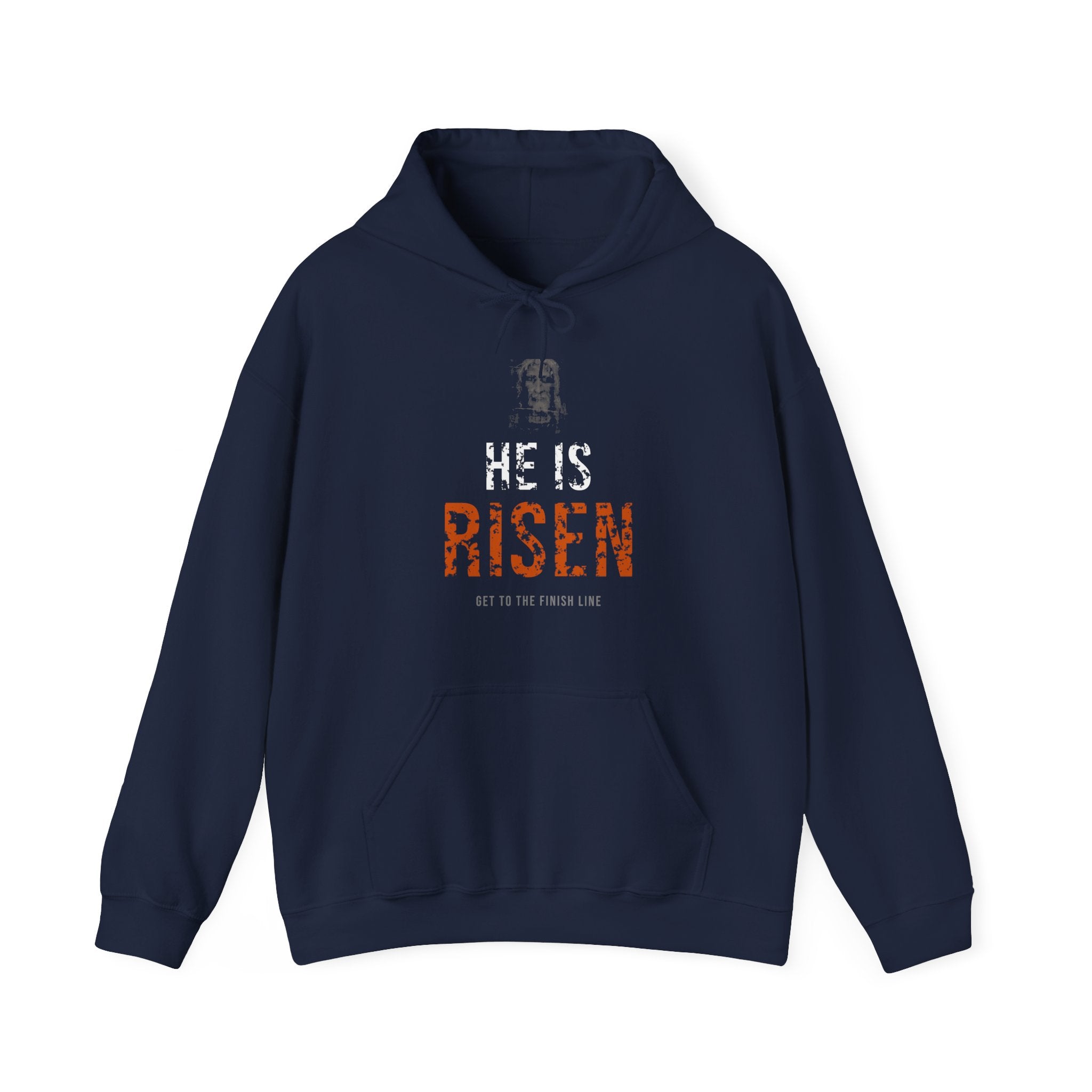 He Is Risen Hoodie — White/Orange — christian resurrection graphic hoodie by Get To The Finish Line (view 4)