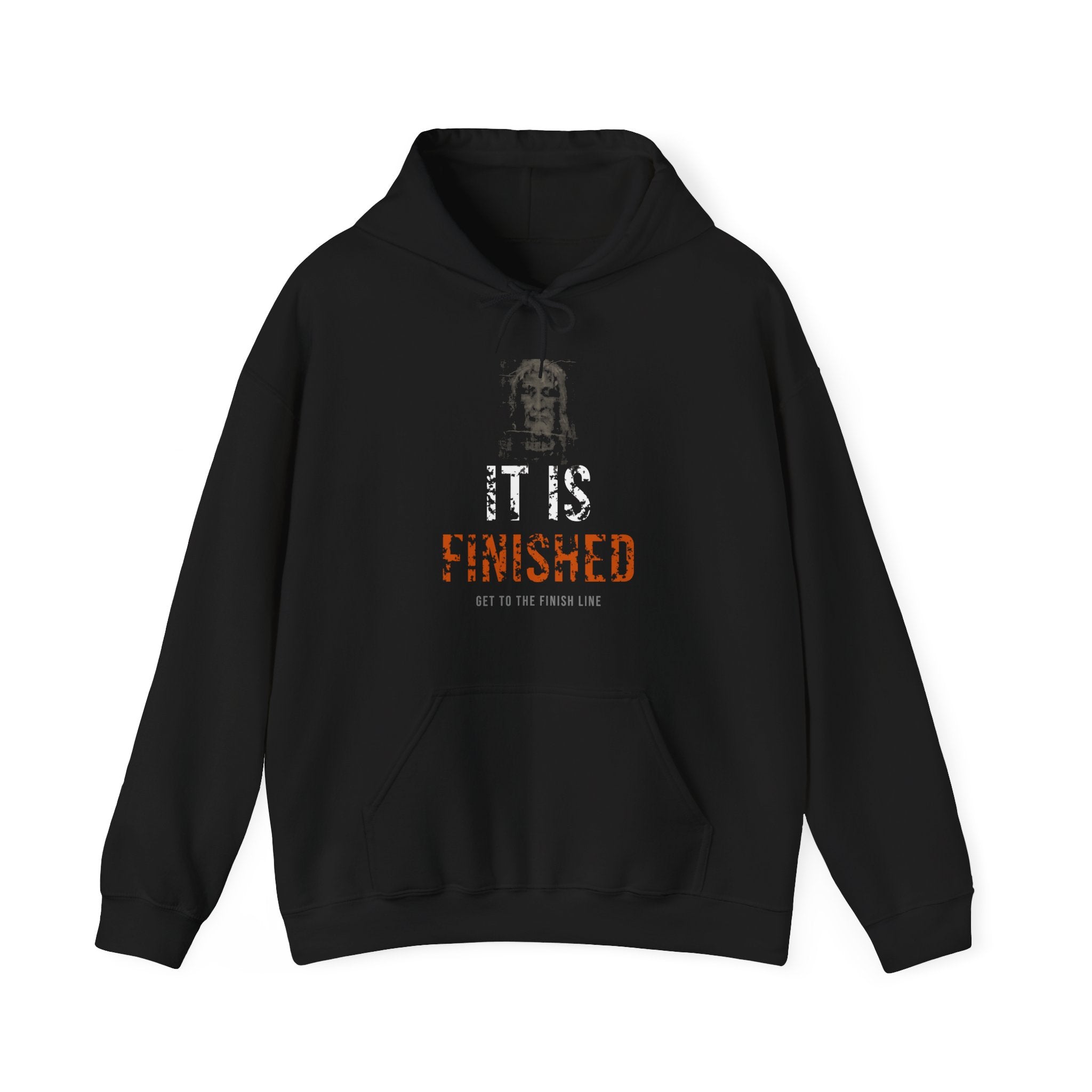 It Is Finished Hoodie — White/Orange — christian graphic hoodie by Get To The Finish Line