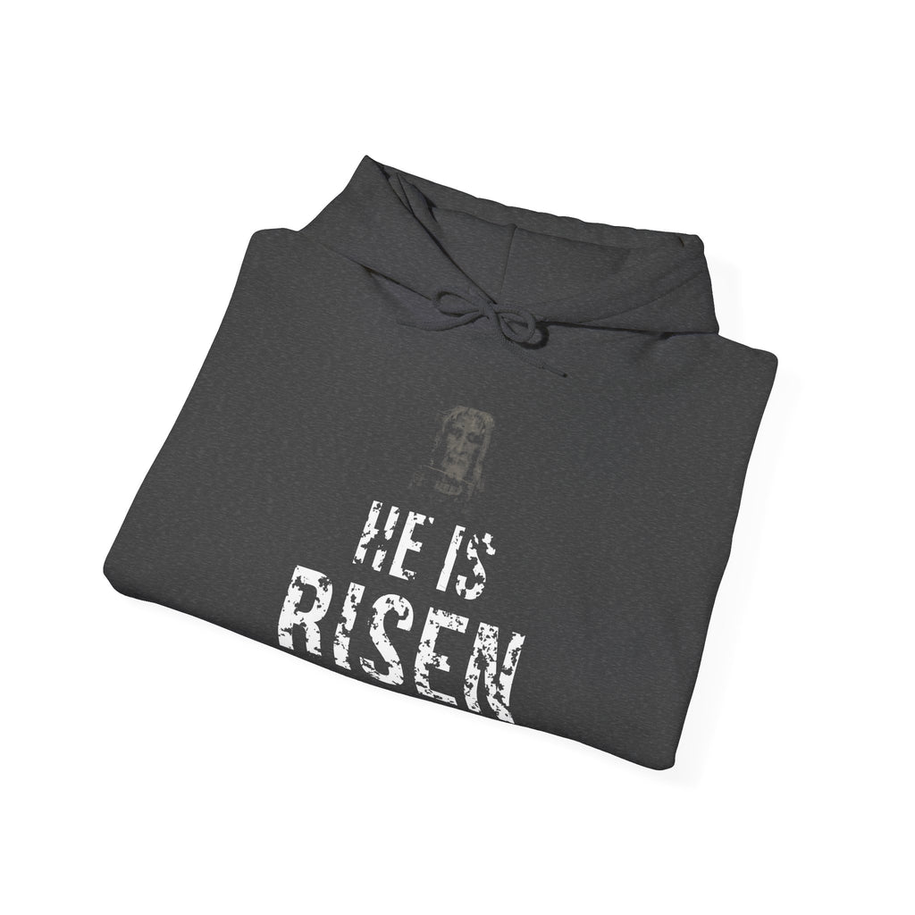 He Is Risen Hoodie — White — christian resurrection graphic hoodie by Get To The Finish Line (view 13)