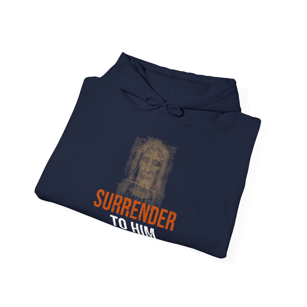 Surrender To Him Hoodie — Shroud, Orange Text — motivational graphic hoodie by Get To The Finish Line (view 12)