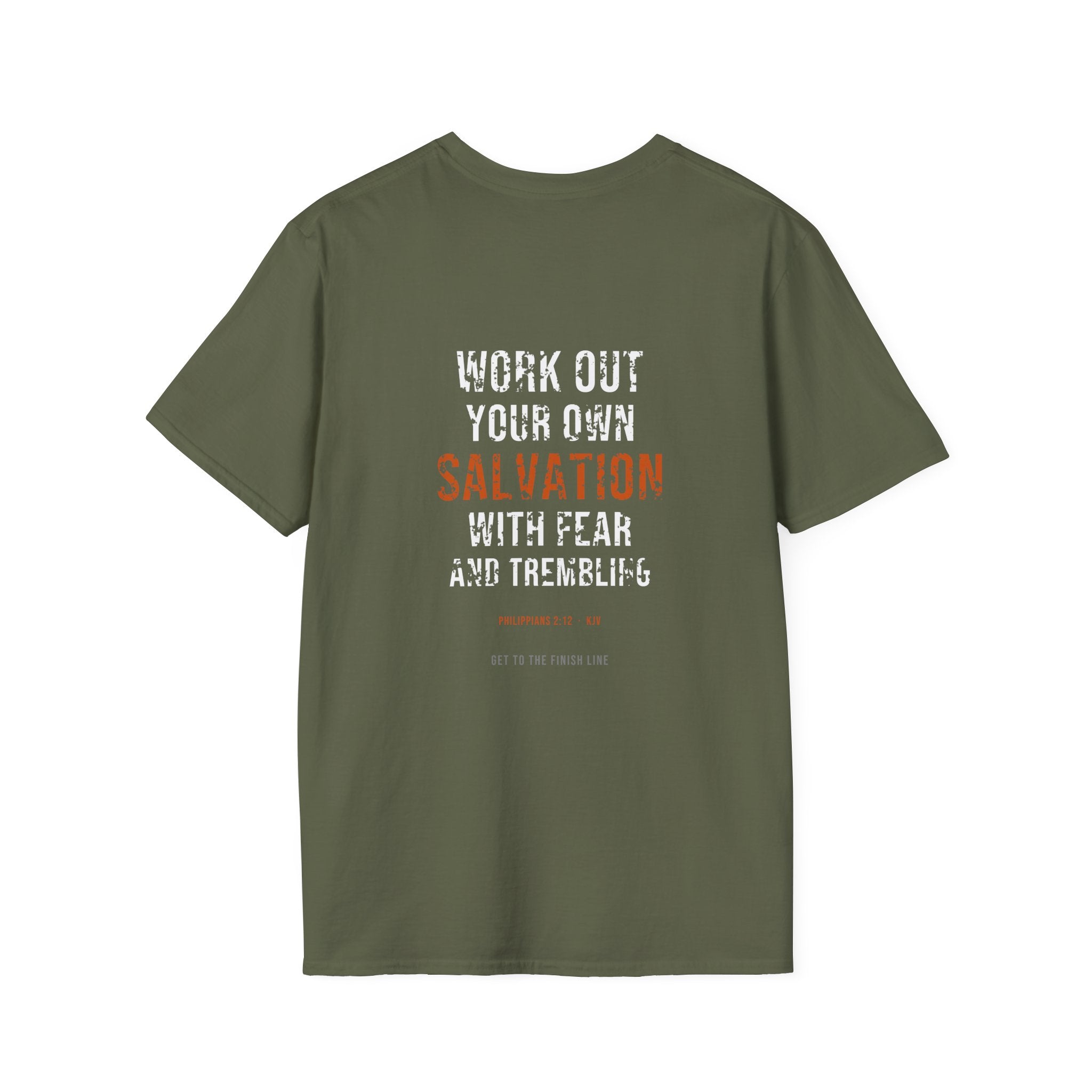 Work Out Your Own Salvation Tee — Philippians 2:12 KJV — KJV Bible verse graphic tee by Get To The Finish Line (view 16)