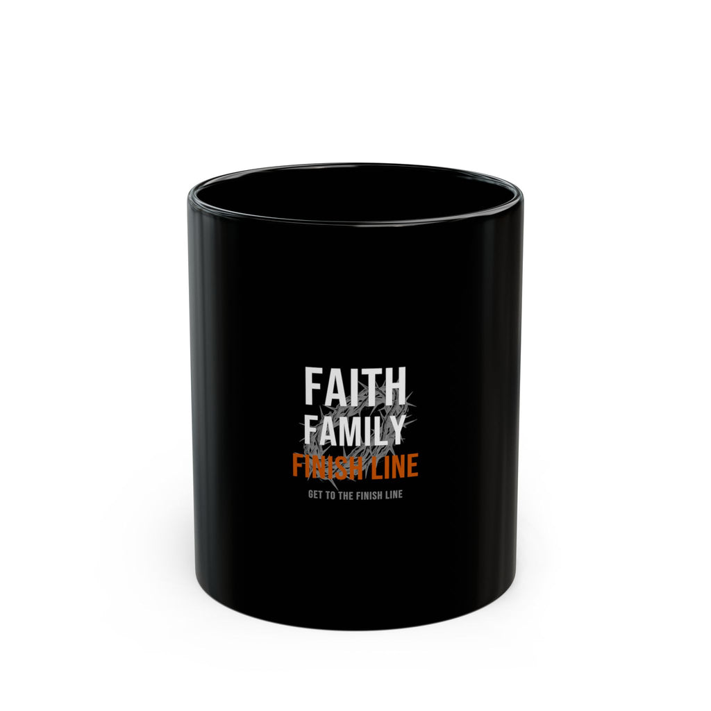 Faith Family Finish Line Mug — White/Orange — christian family values coffee mug by Get To The Finish Line