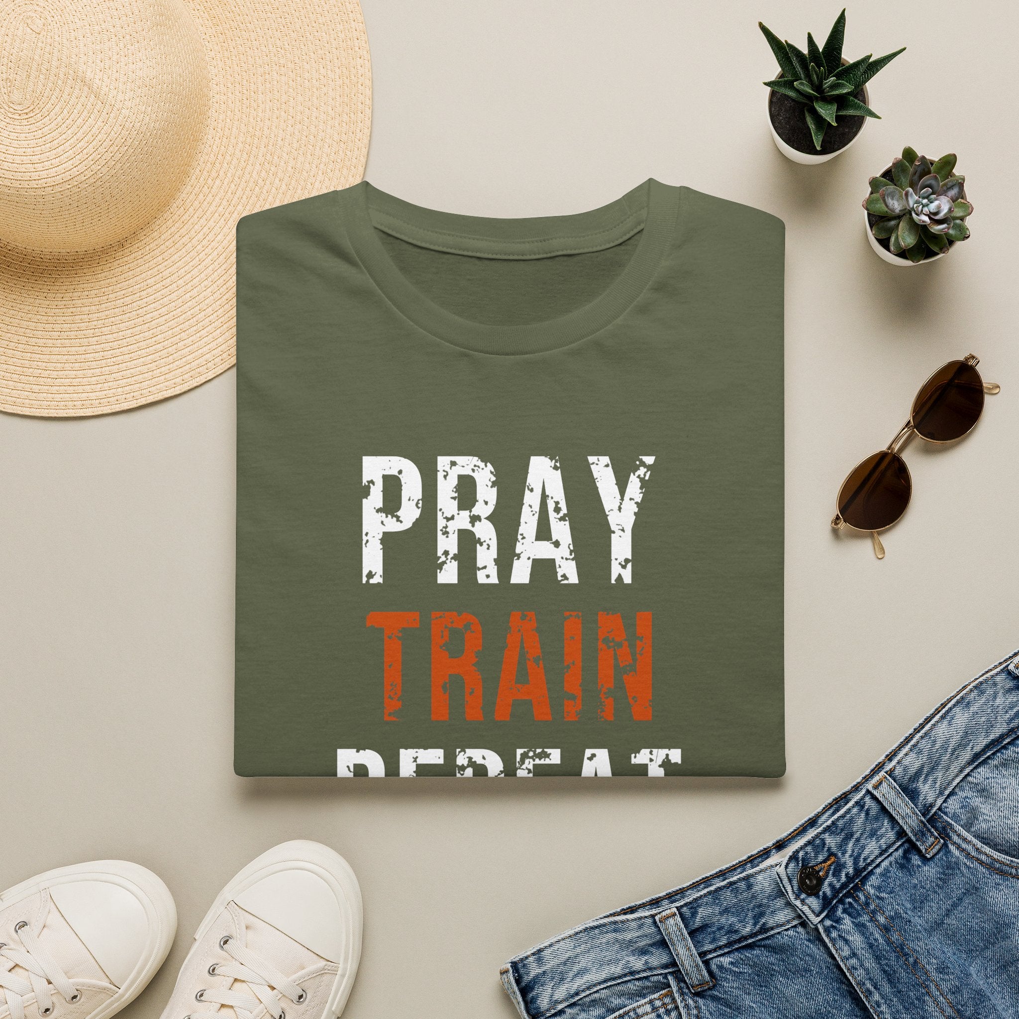Pray Train Repeat Tee — christian fitness graphic tee by Get To The Finish Line (view 3)