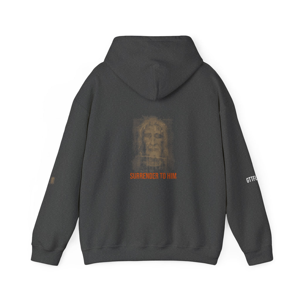 Surrender To Him Hoodie — Shroud, Orange Text — motivational graphic hoodie by Get To The Finish Line (view 7)
