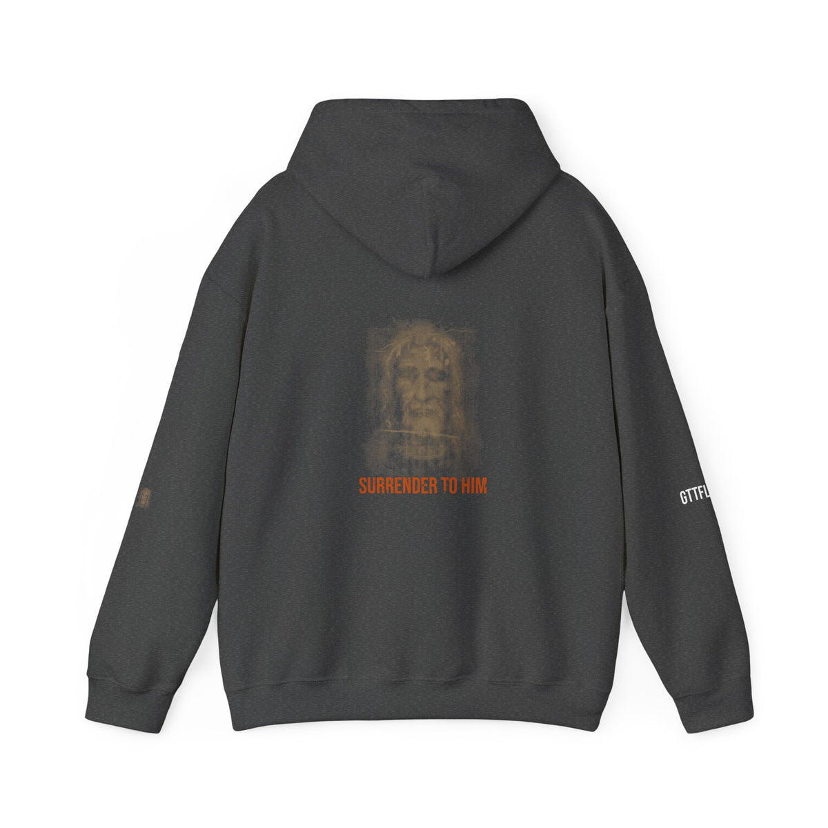 Surrender To Him Hoodie — Shroud, Orange Text — motivational graphic hoodie by Get To The Finish Line (view 7)