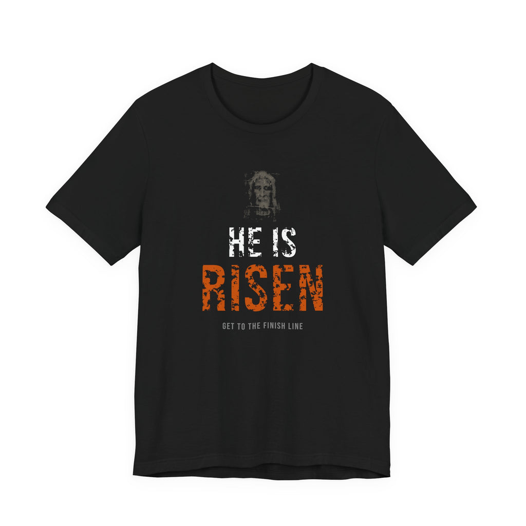 He Is Risen Tee — White/Orange — christian resurrection graphic tee by Get To The Finish Line