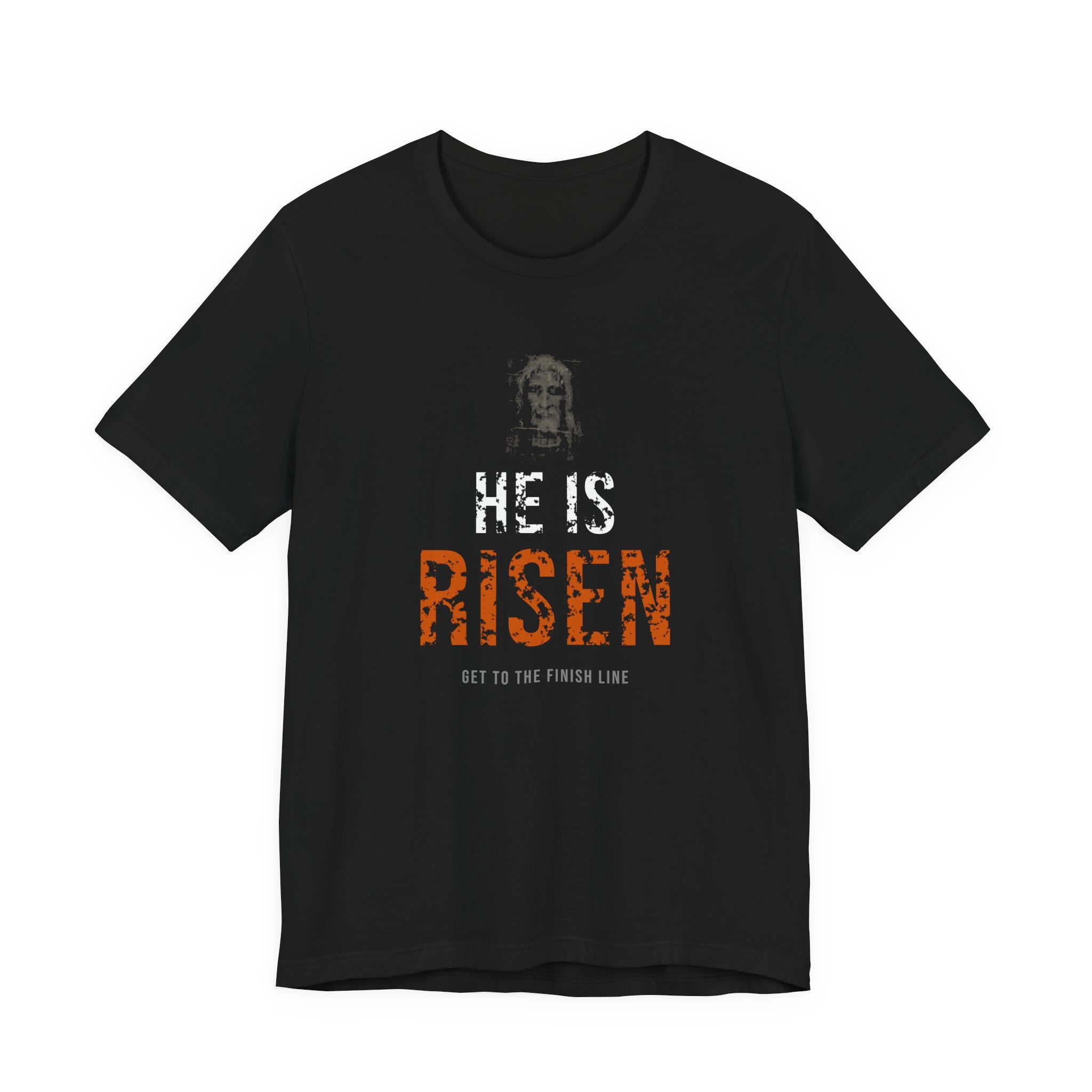 He Is Risen Tee — White/Orange — christian resurrection graphic tee by Get To The Finish Line