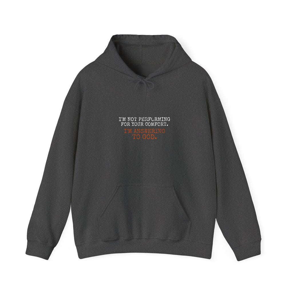 Answering To God Hoodie — White/Orange — bold christian statement graphic hoodie by Get To The Finish Line (view 3)