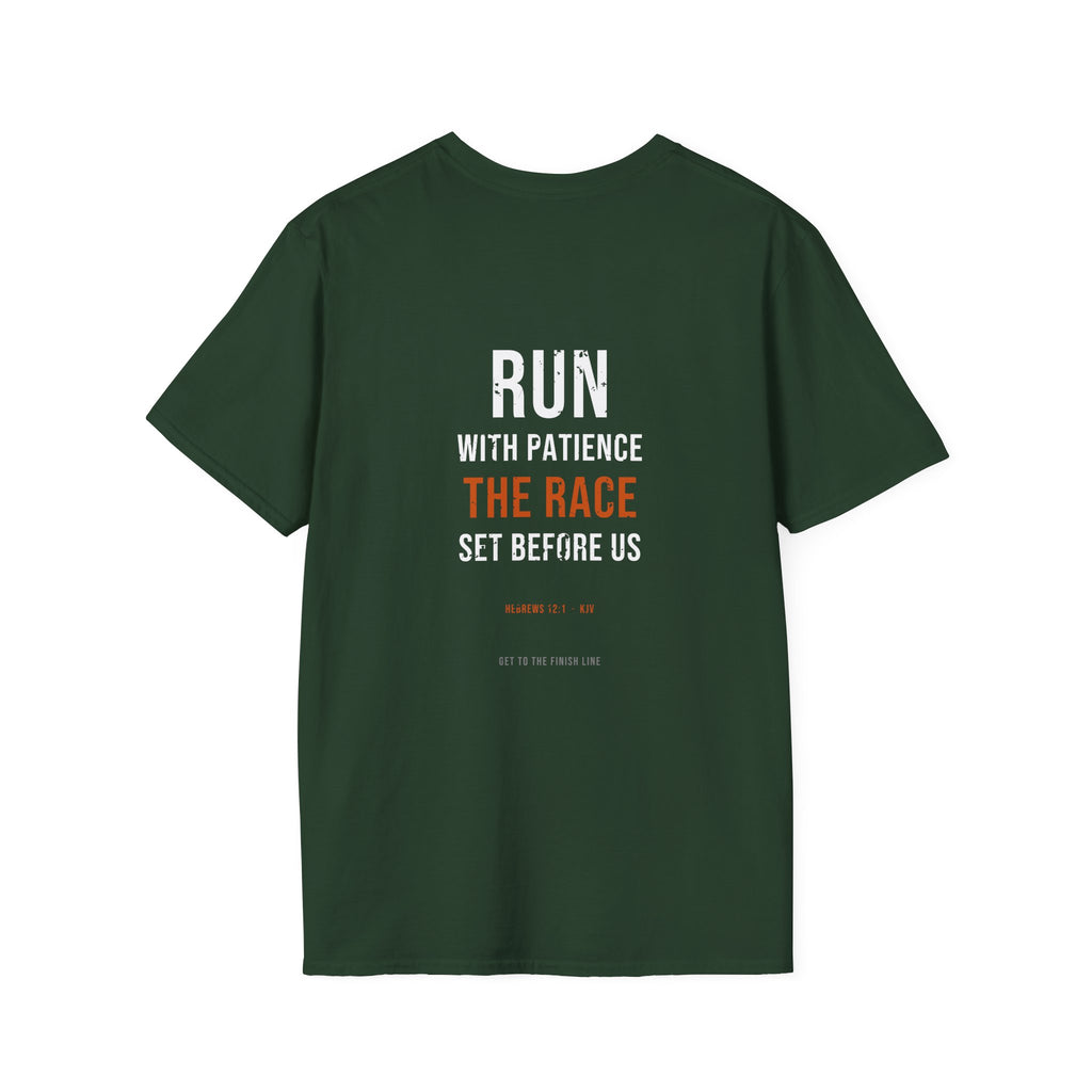 Run With Patience The Race Tee — Hebrews 12:1 KJV — KJV Bible verse graphic tee by Get To The Finish Line (view 19)