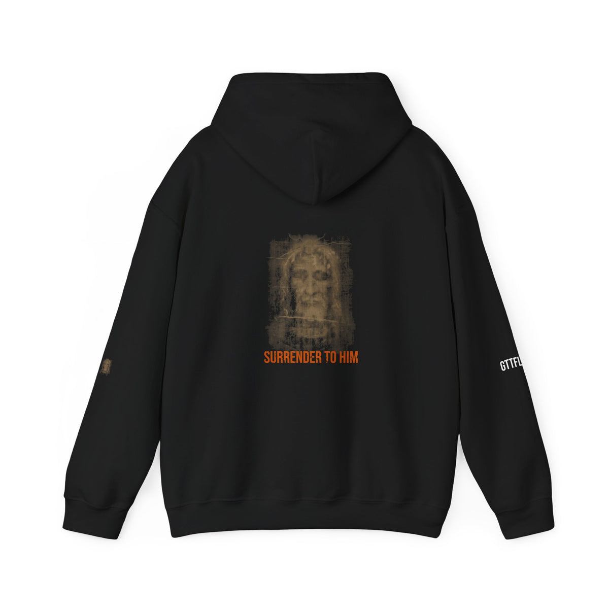Surrender To Him Hoodie — Shroud, Orange Text — motivational graphic hoodie by Get To The Finish Line (view 4)