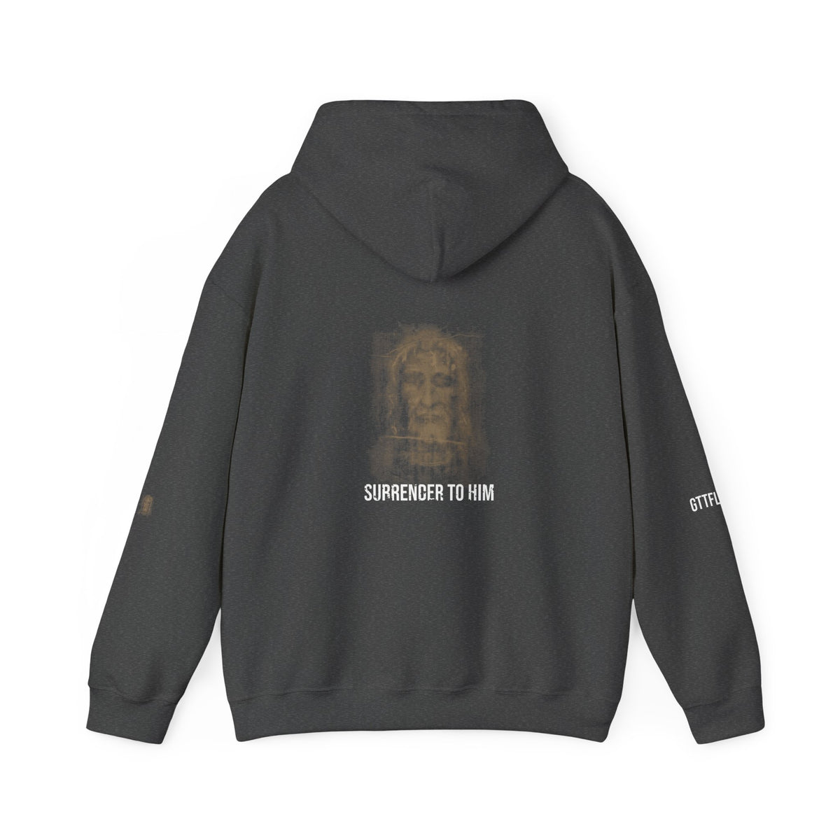 Surrender To Him Hoodie — Shroud, White Text — motivational graphic hoodie by Get To The Finish Line (view 7)
