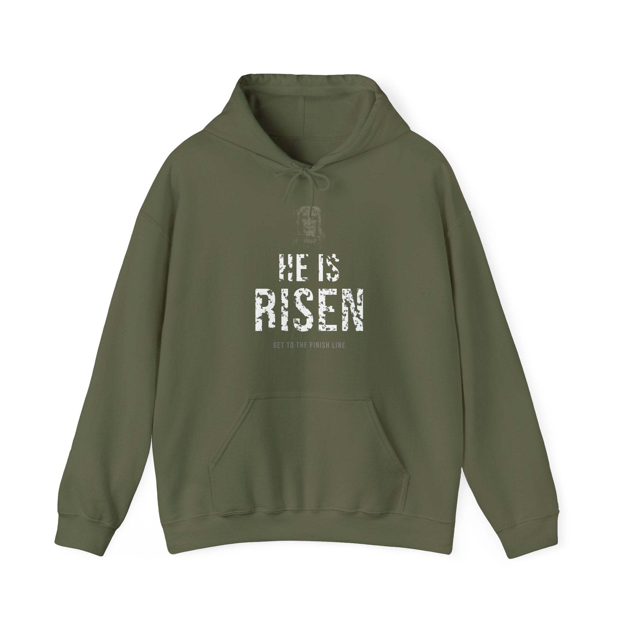 He Is Risen Hoodie — White — christian resurrection graphic hoodie by Get To The Finish Line (view 2)