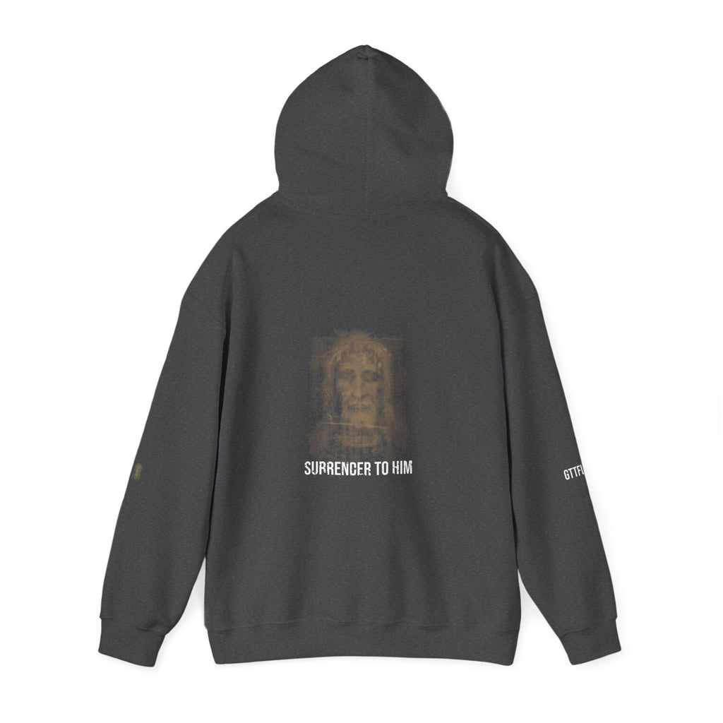 Surrender To Him Hoodie — Shroud, White Text — motivational graphic hoodie by Get To The Finish Line (view 8)