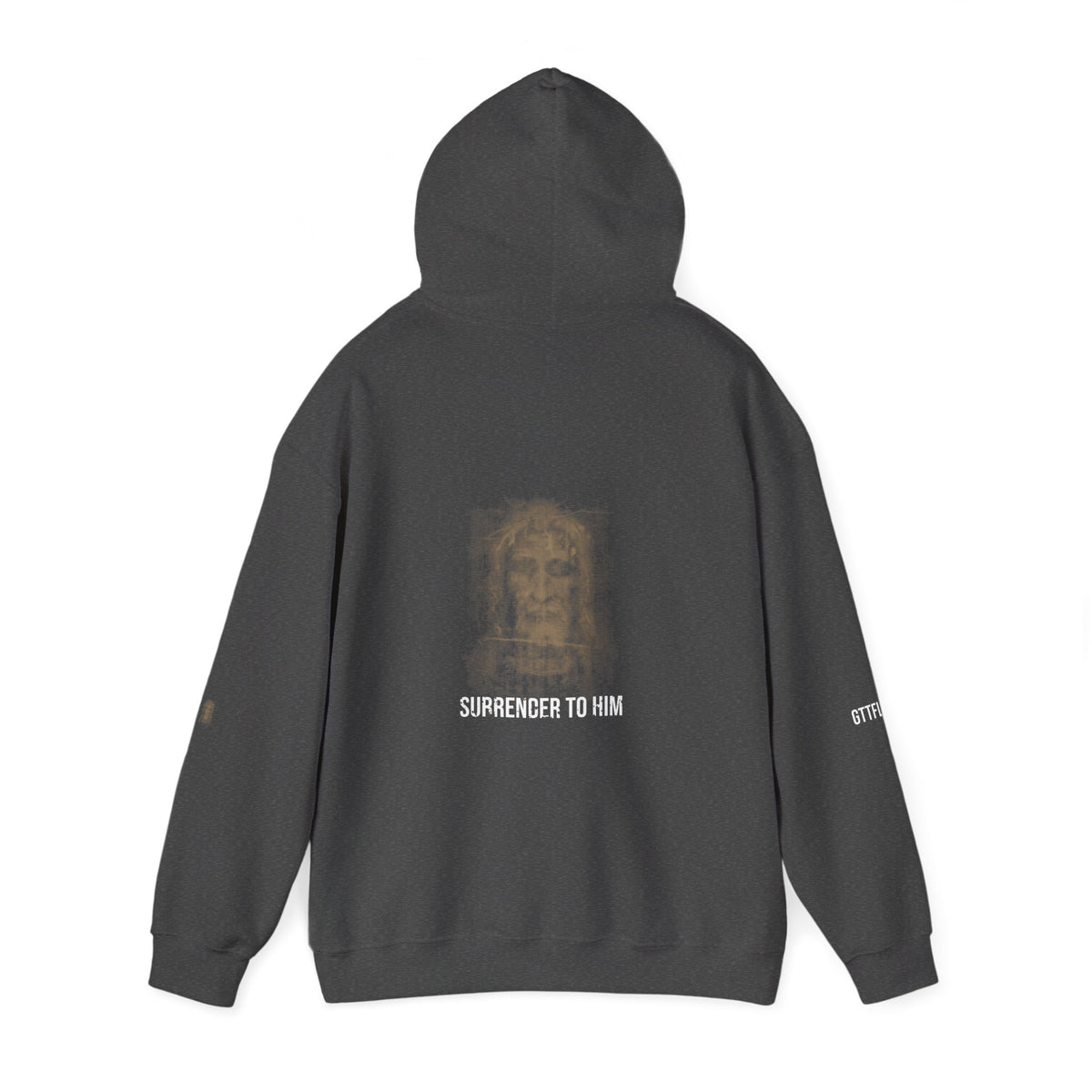 Surrender To Him Hoodie — Shroud, White Text — motivational graphic hoodie by Get To The Finish Line (view 8)