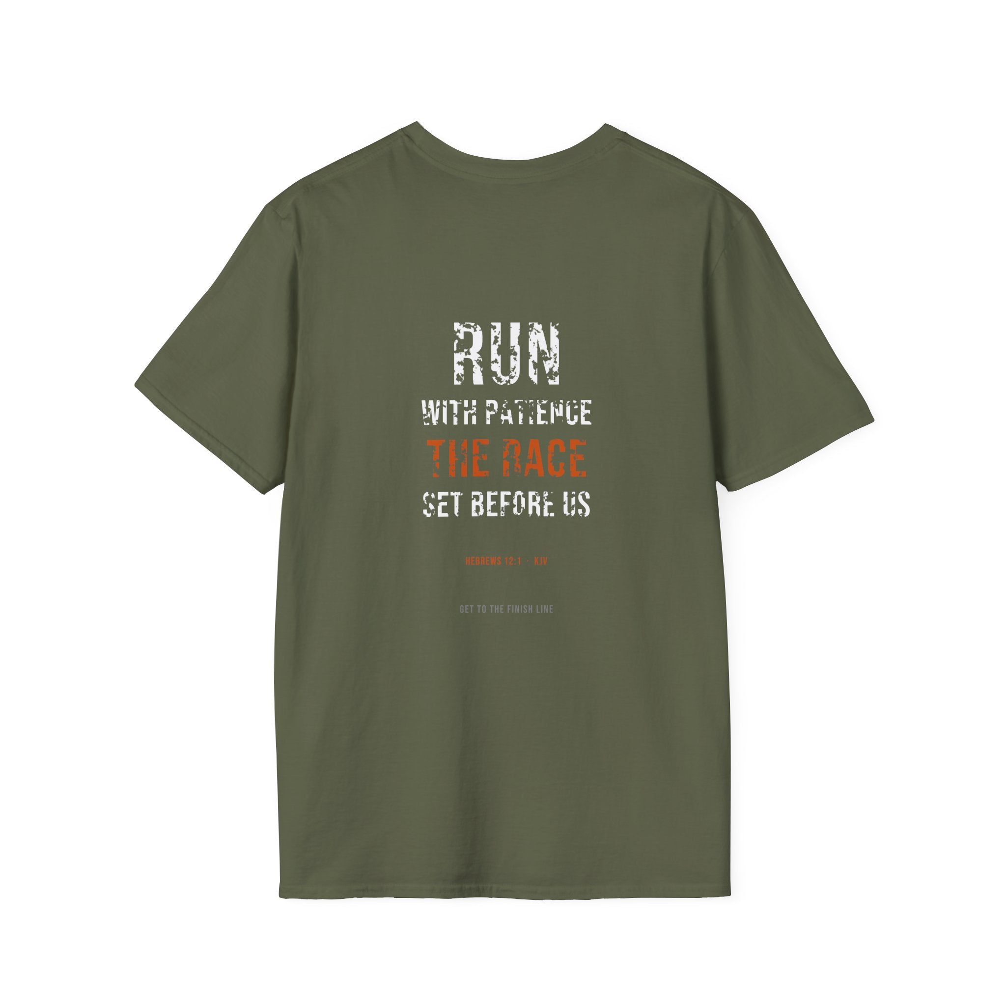 Run With Patience The Race Tee — Hebrews 12:1 KJV — KJV Bible verse graphic tee by Get To The Finish Line (view 16)