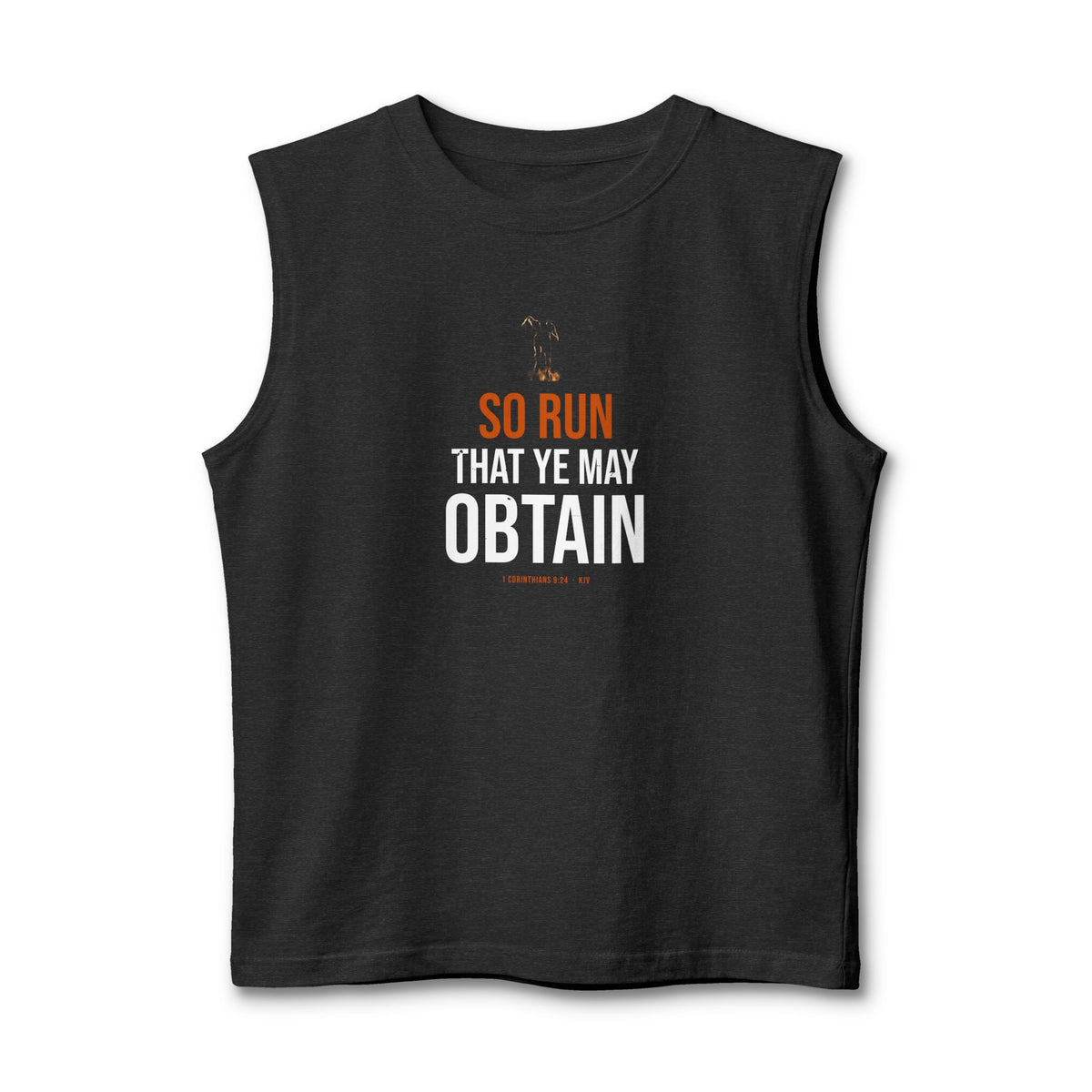 So Run That Ye May Obtain Muscle Tank — 1 Corinthians 9:24 KJV — KJV Bible verse flowy racerback tank by Get To The Finish Line (view 2)
