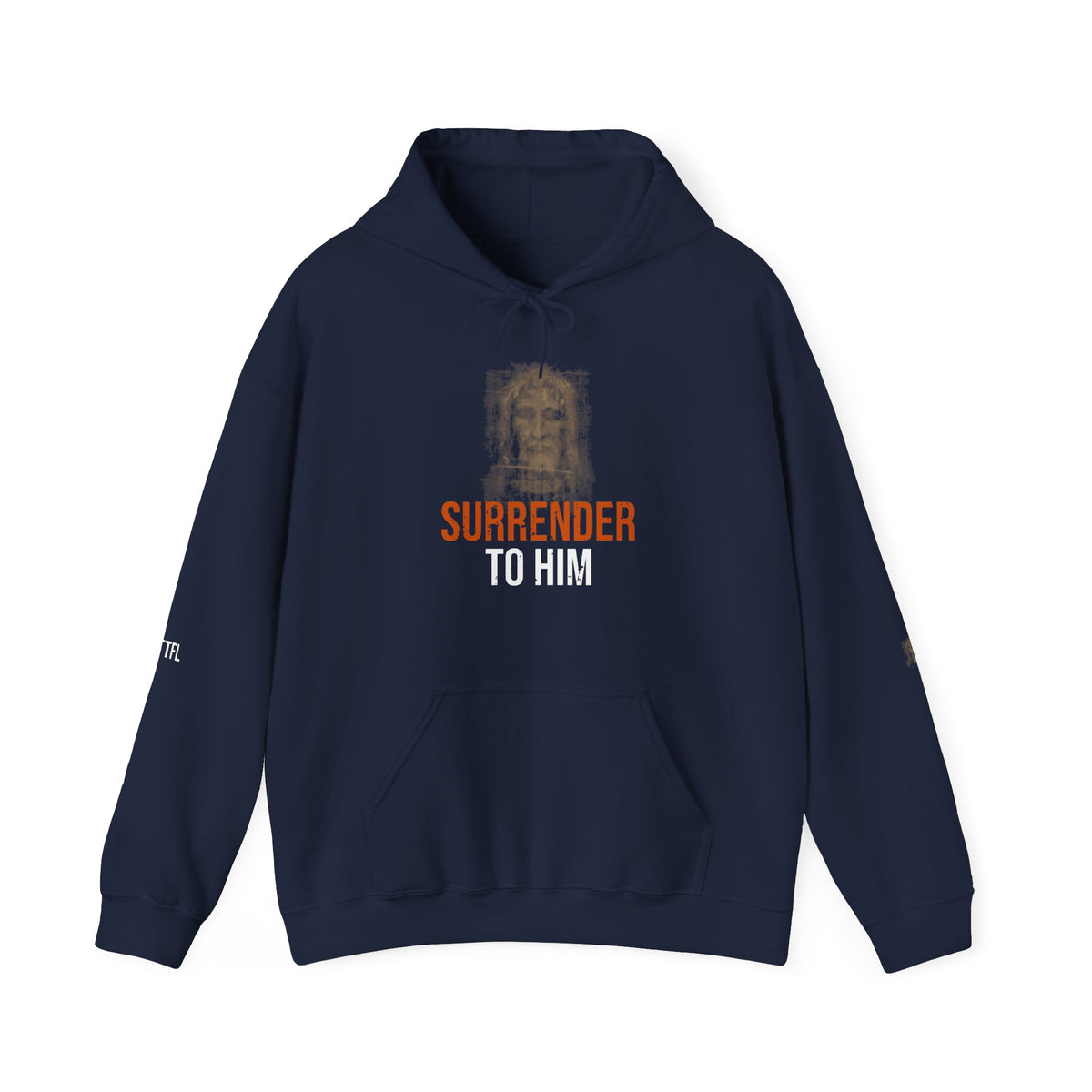 Surrender To Him Hoodie — Shroud, Orange Text — motivational graphic hoodie by Get To The Finish Line (view 3)