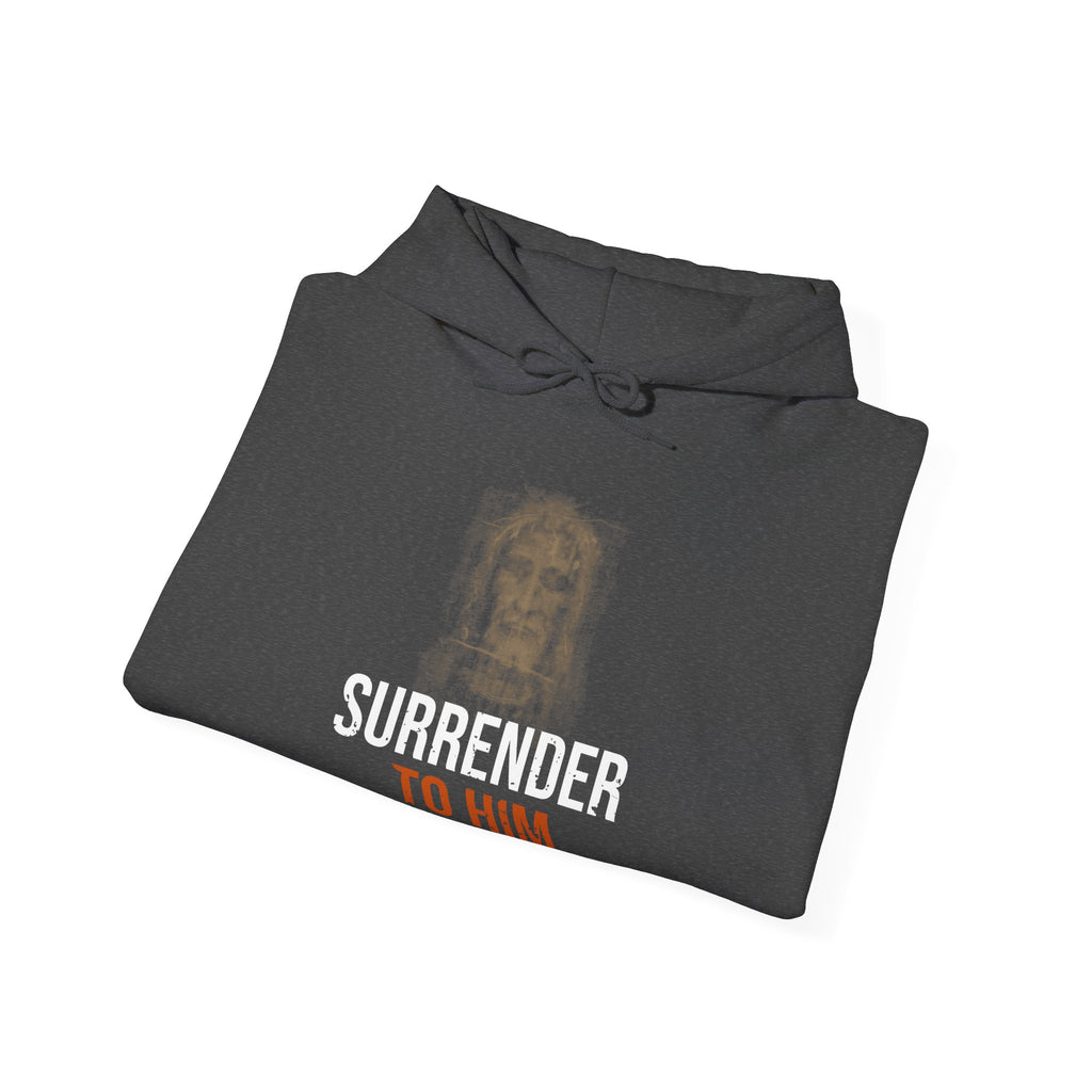 Surrender To Him Hoodie — Shroud, White Text — motivational graphic hoodie by Get To The Finish Line (view 9)