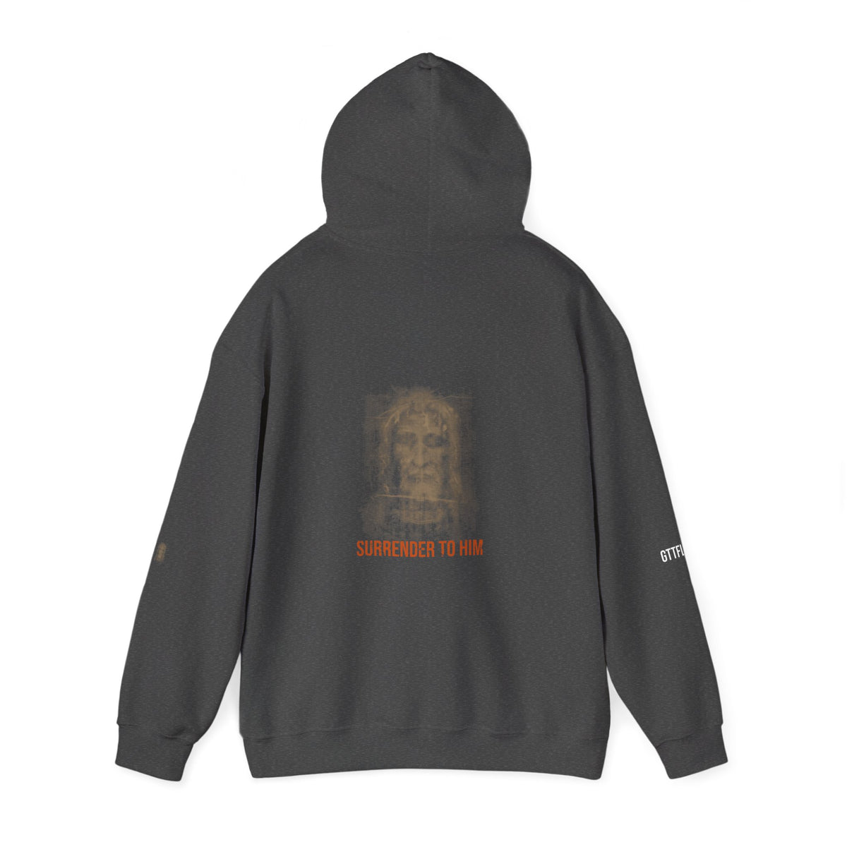 Surrender To Him Hoodie — Shroud, Orange Text — motivational graphic hoodie by Get To The Finish Line (view 8)