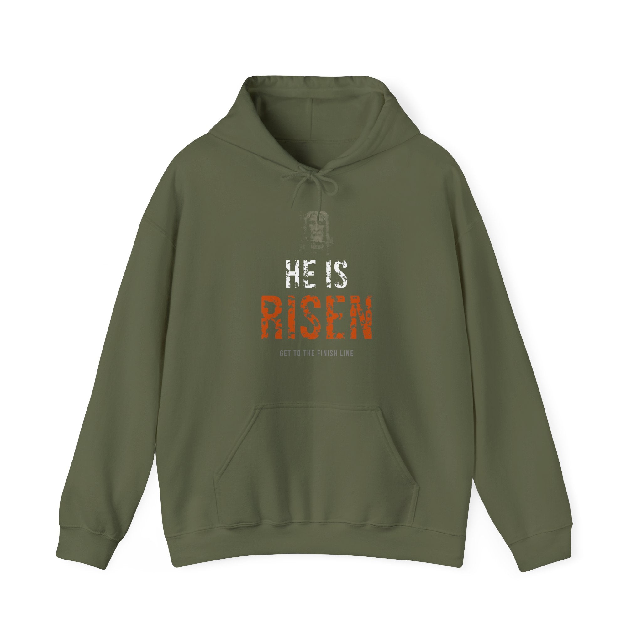 He Is Risen Hoodie — White/Orange — christian resurrection graphic hoodie by Get To The Finish Line (view 2)