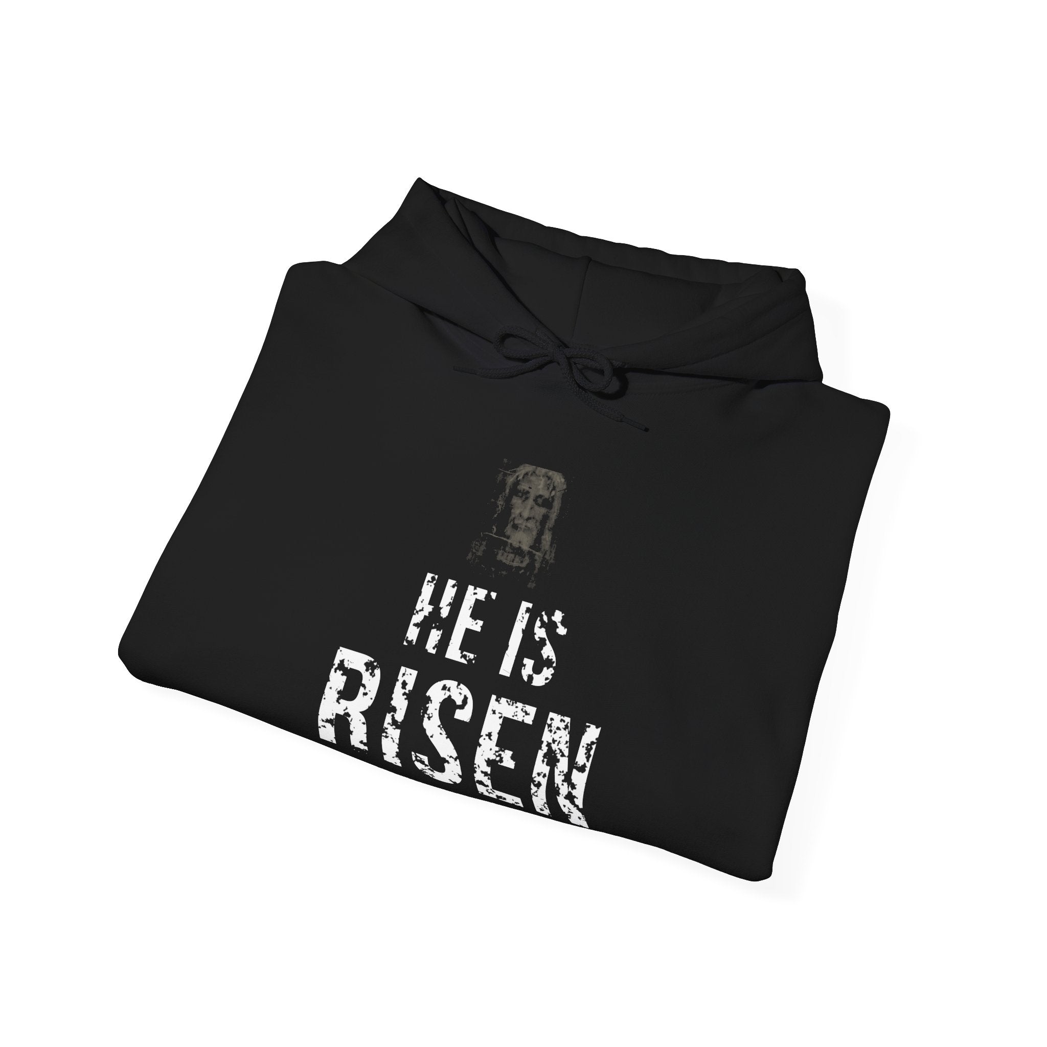 He Is Risen Hoodie — White — christian resurrection graphic hoodie by Get To The Finish Line (view 7)