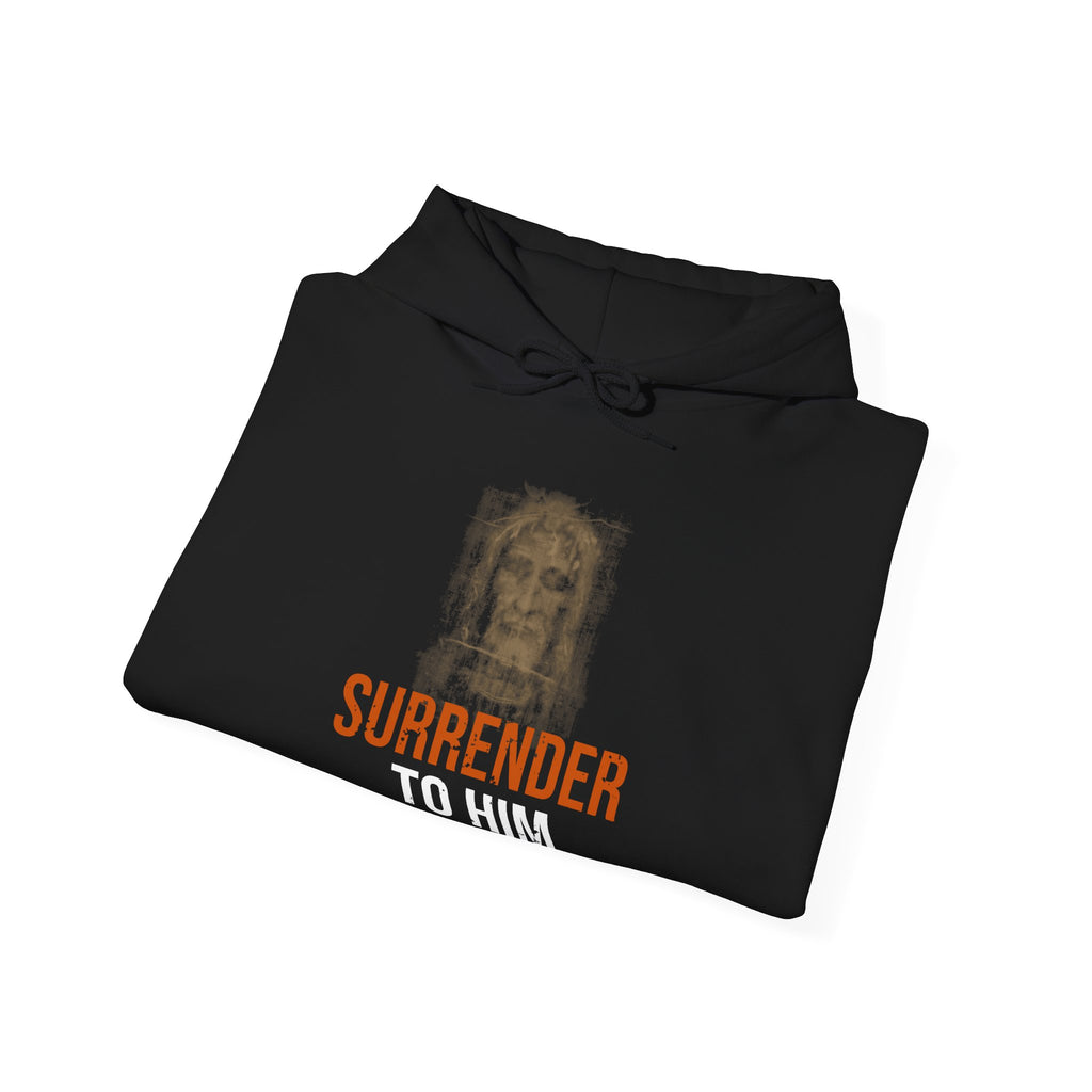 Surrender To Him Hoodie — Shroud, Orange Text — motivational graphic hoodie by Get To The Finish Line (view 6)