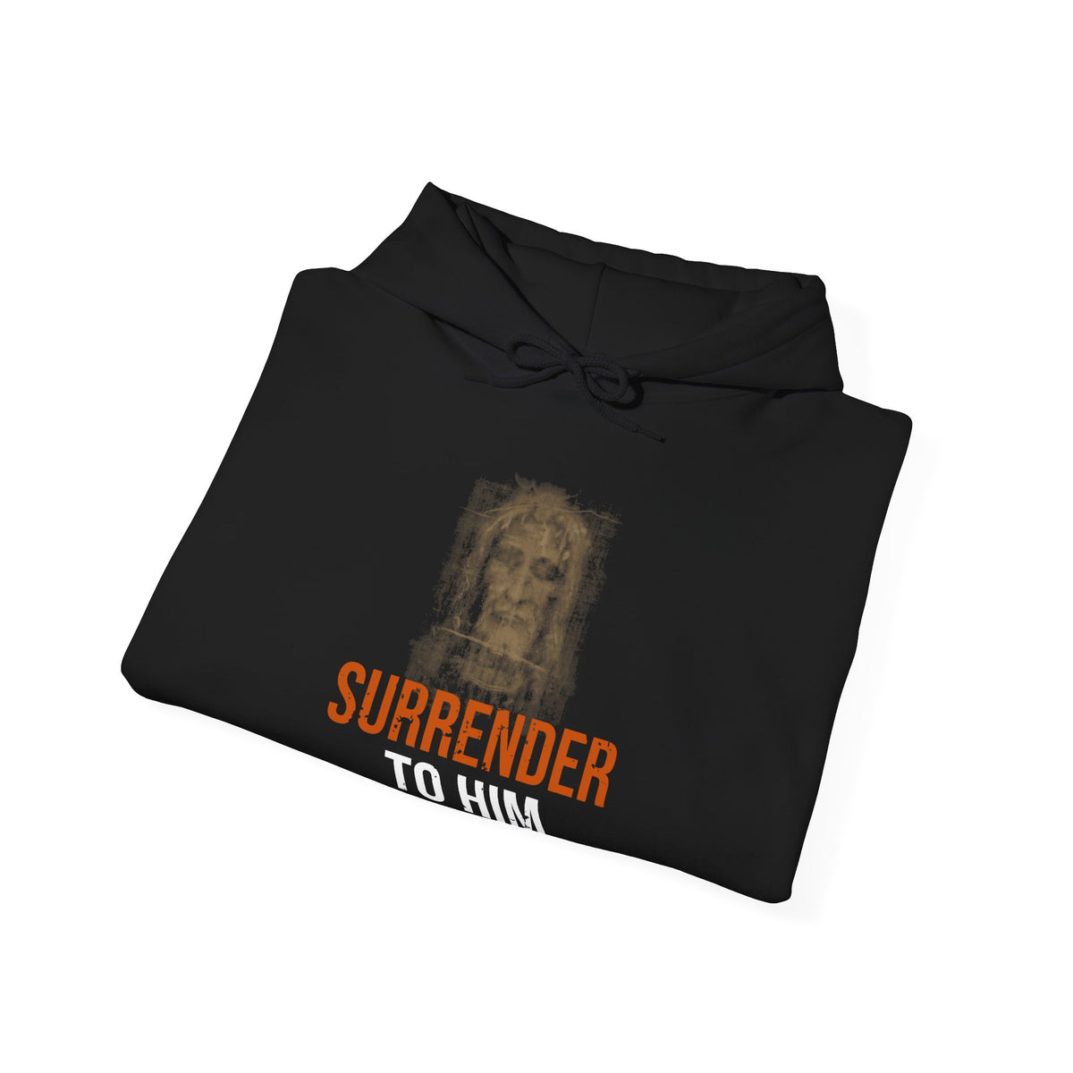 Surrender To Him Hoodie — Shroud, Orange Text — motivational graphic hoodie by Get To The Finish Line (view 6)