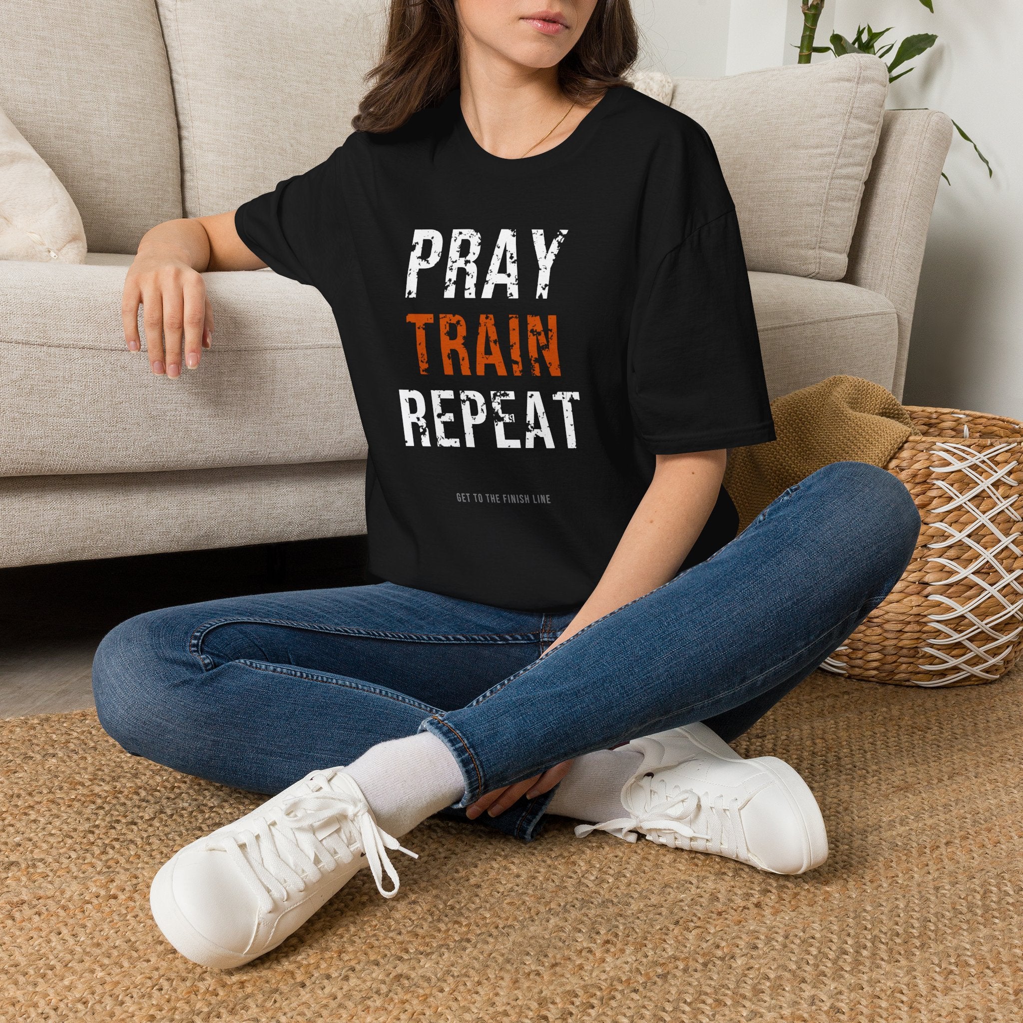 Pray Train Repeat Tee — christian fitness graphic tee by Get To The Finish Line (view 8)