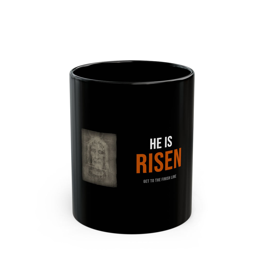 He Is Risen Mug — White/Orange — christian resurrection coffee mug by Get To The Finish Line