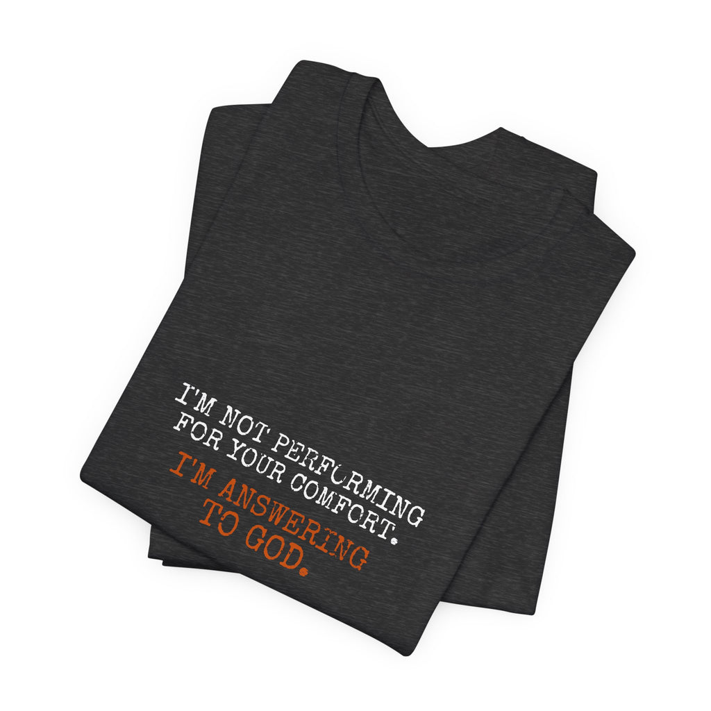 Answering To God Tee — White/Orange — bold christian statement graphic tee by Get To The Finish Line (view 12)