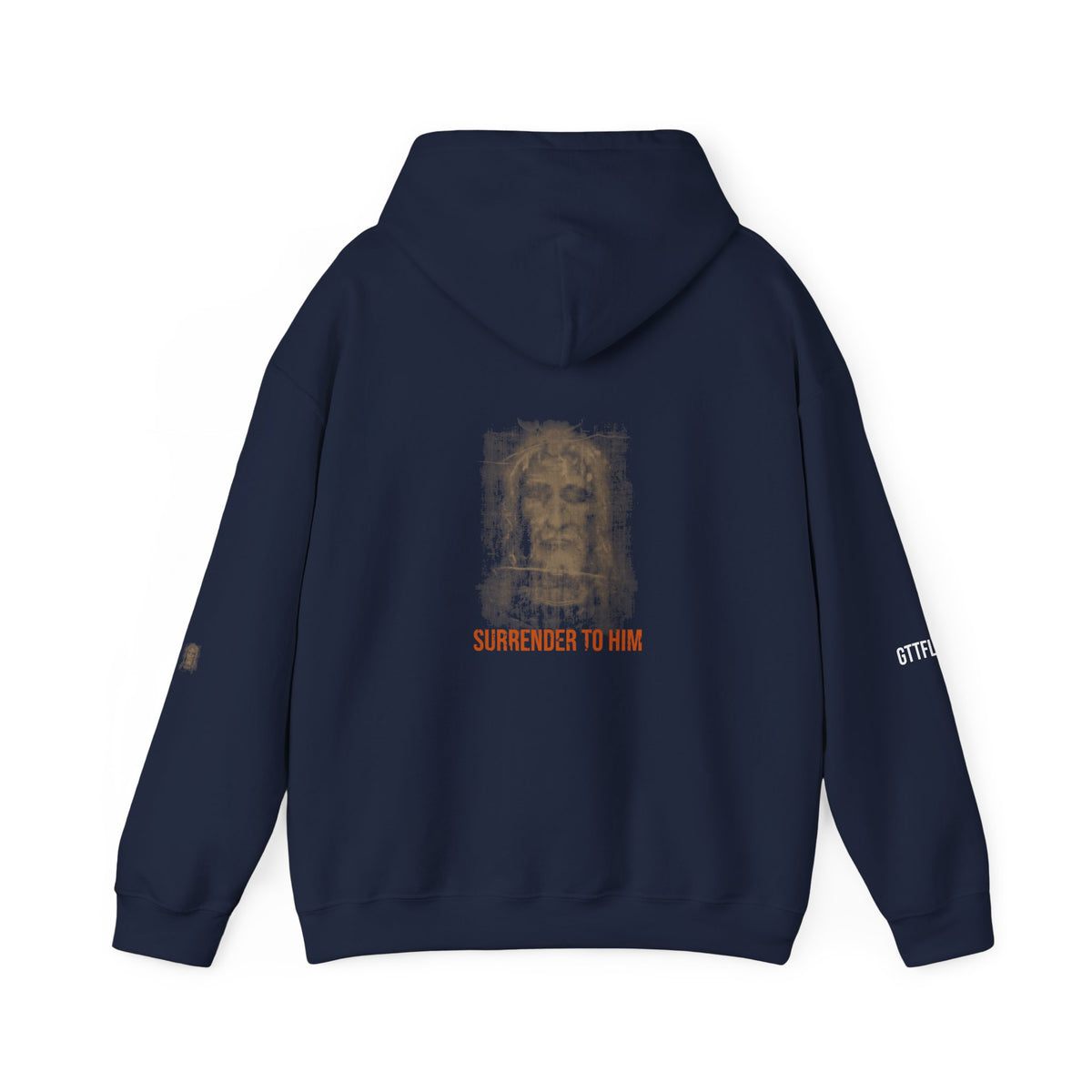 Surrender To Him Hoodie — Shroud, Orange Text — motivational graphic hoodie by Get To The Finish Line (view 10)
