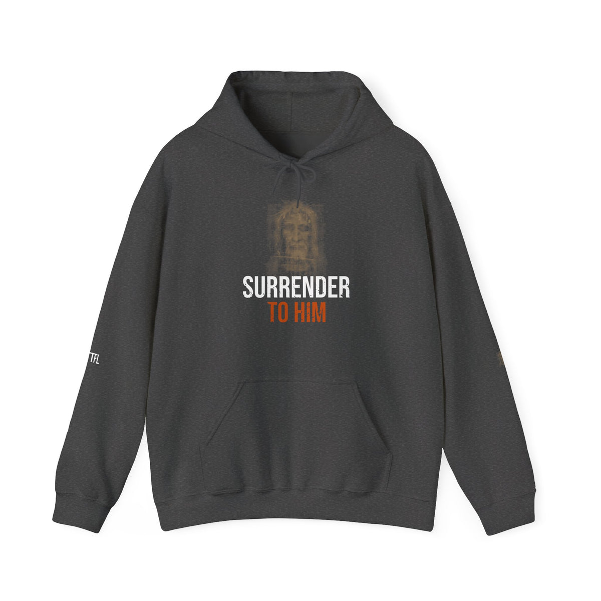 Surrender To Him Hoodie — Shroud, White Text — motivational graphic hoodie by Get To The Finish Line (view 2)