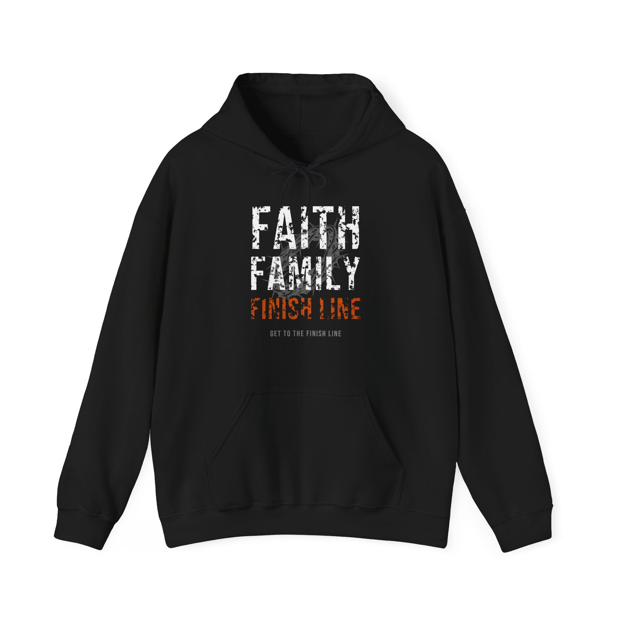 Faith Family Finish Line Hoodie — White/Orange — christian family values graphic hoodie by Get To The Finish Line
