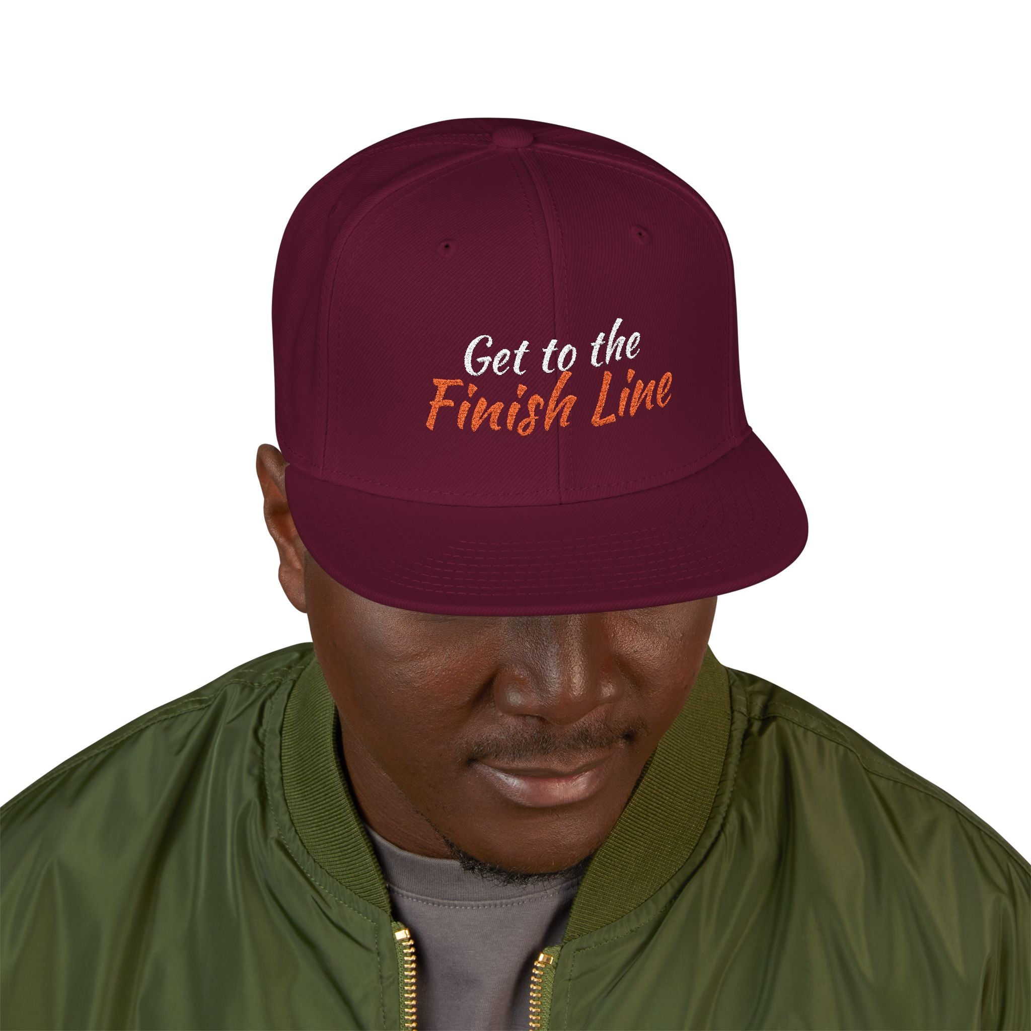 Get To The Finish Line Script Snapback — Embroidered