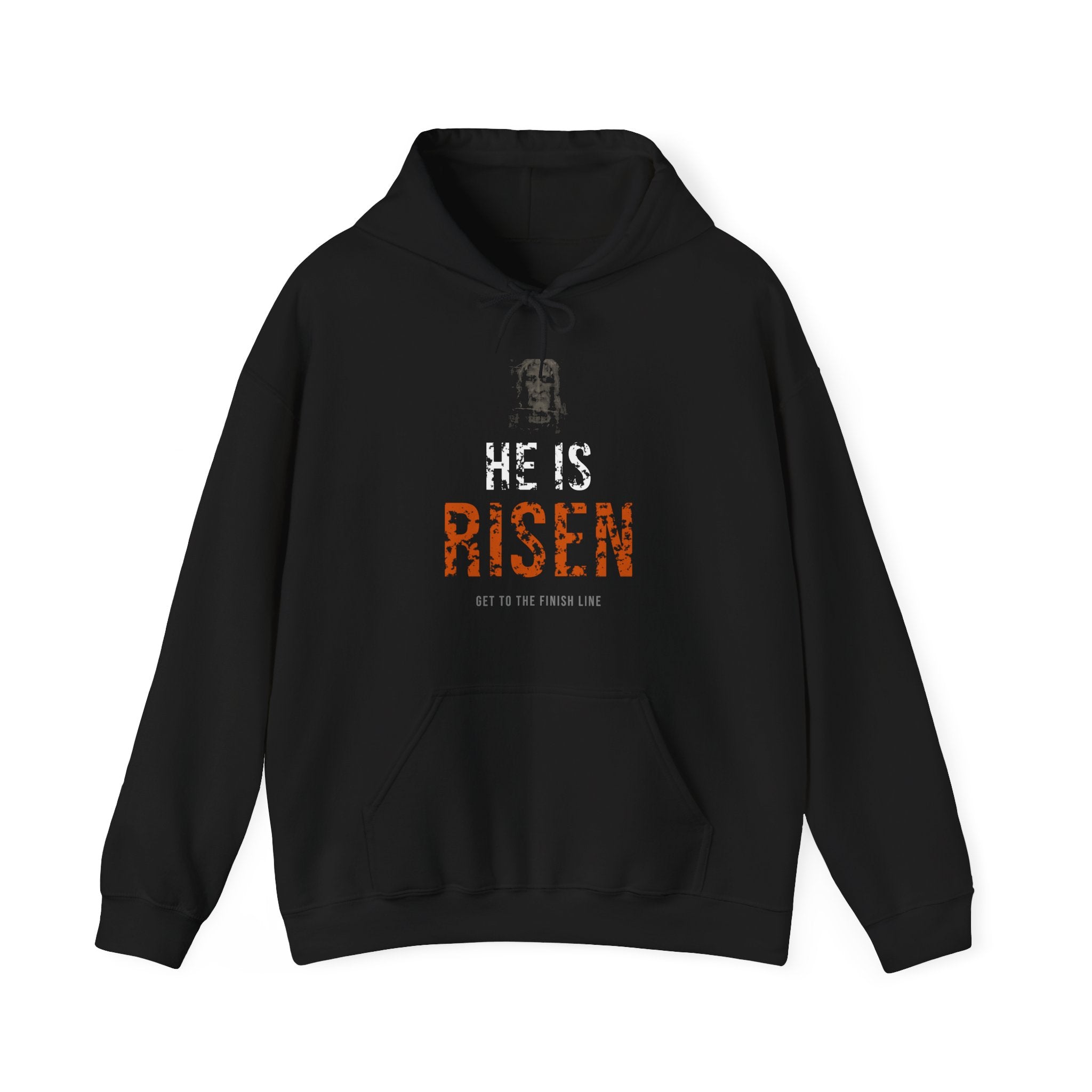 He Is Risen Hoodie — White/Orange — christian resurrection graphic hoodie by Get To The Finish Line