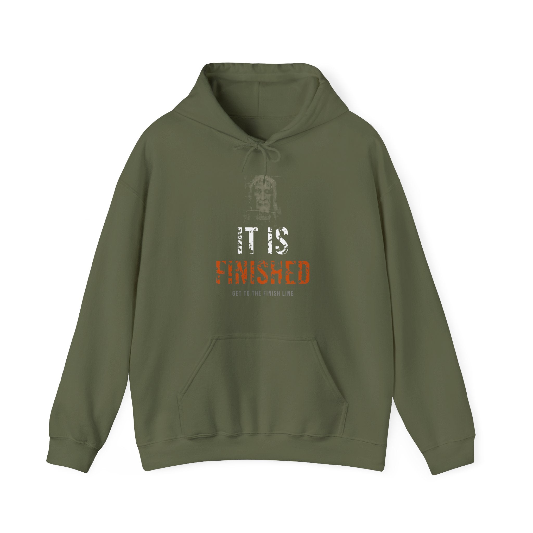 It Is Finished Hoodie — White/Orange — christian graphic hoodie by Get To The Finish Line (view 2)