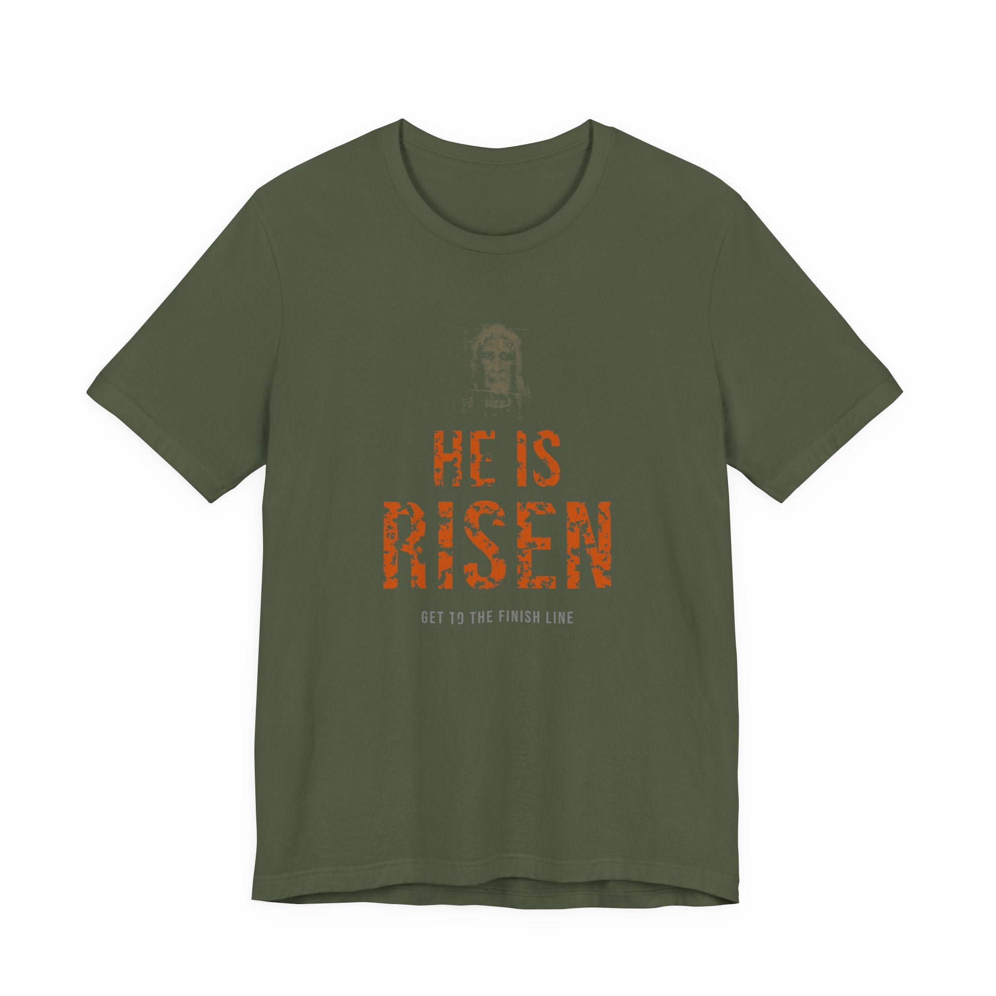 He Is Risen Tee — Burnt Orange — christian resurrection graphic tee by Get To The Finish Line (view 2)