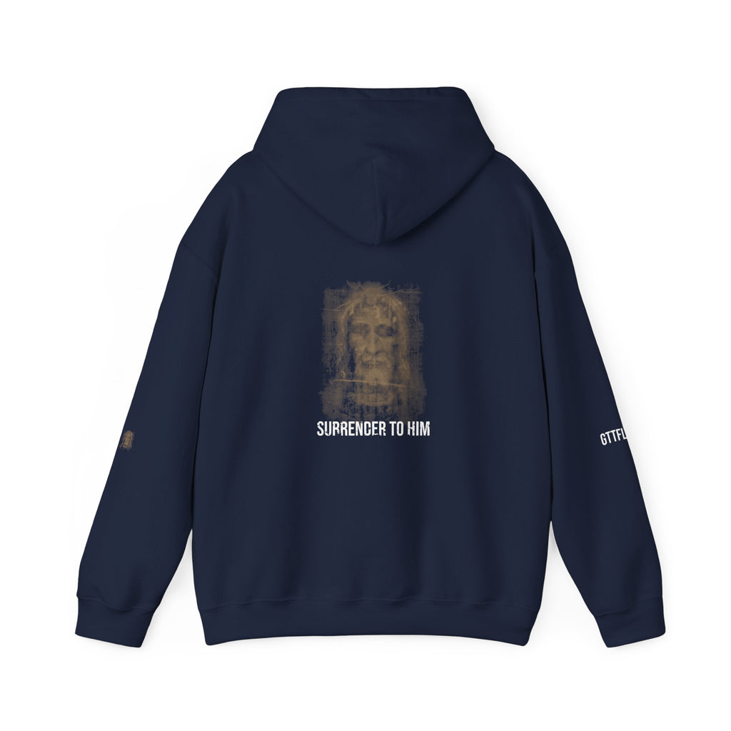 Surrender To Him Hoodie — Shroud, White Text — motivational graphic hoodie by Get To The Finish Line (view 10)